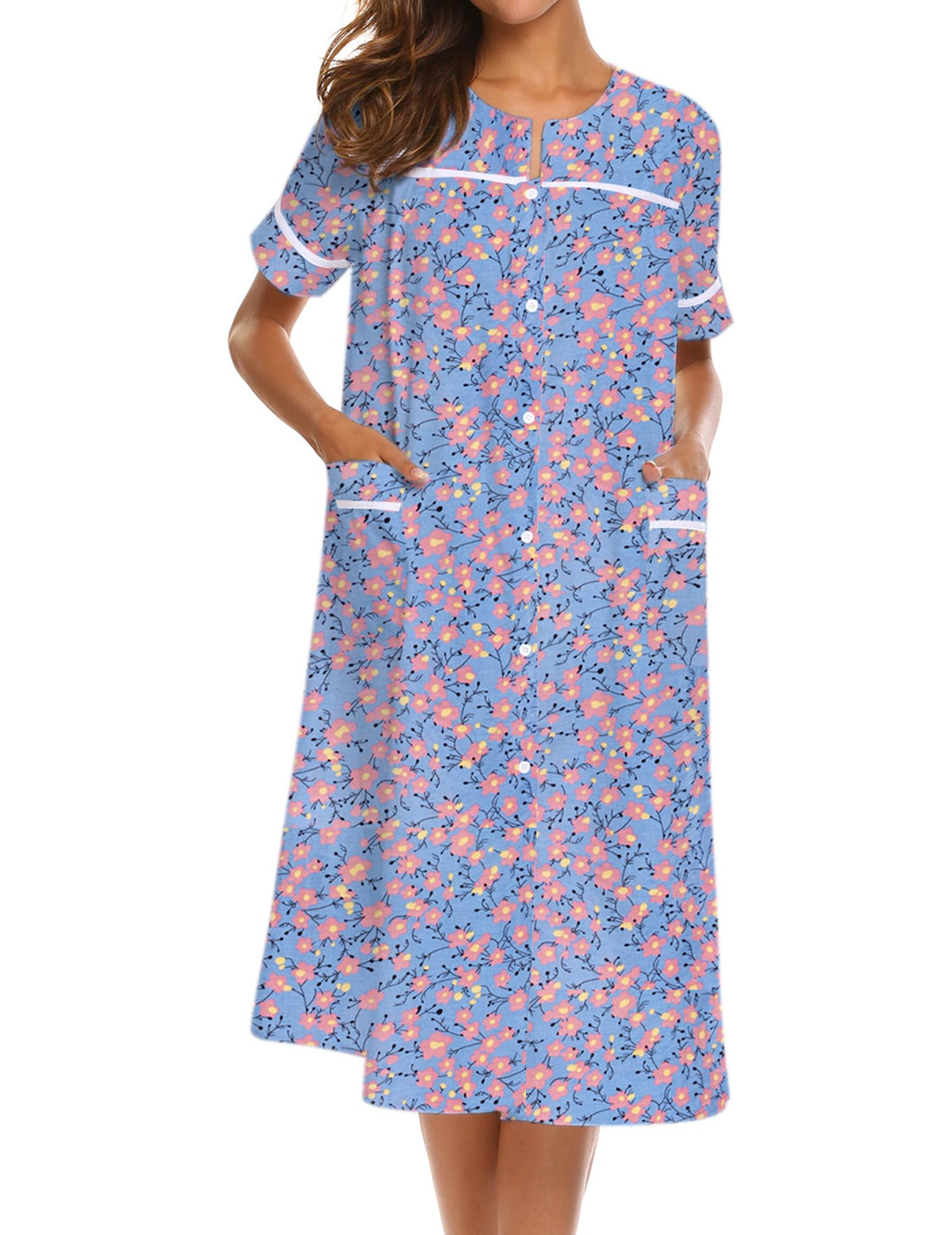 Ekouaer House Dress for Women with Pockets Duster Button Down Nightgown | Nightgowns for Women, Button Dwon House Dress with Pockets, Short Sleeve Duster Housecoat, Moo Moos for Elderly, Mumu Dress WEBE CLOTHING