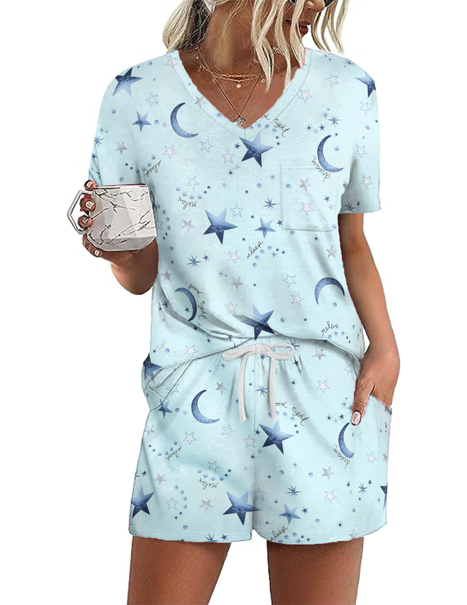 Ekouaer Women's Pajamas Sets Short Sleeve Pjs Two Piece Sleepwear Casual Lounge Sets With Pockets