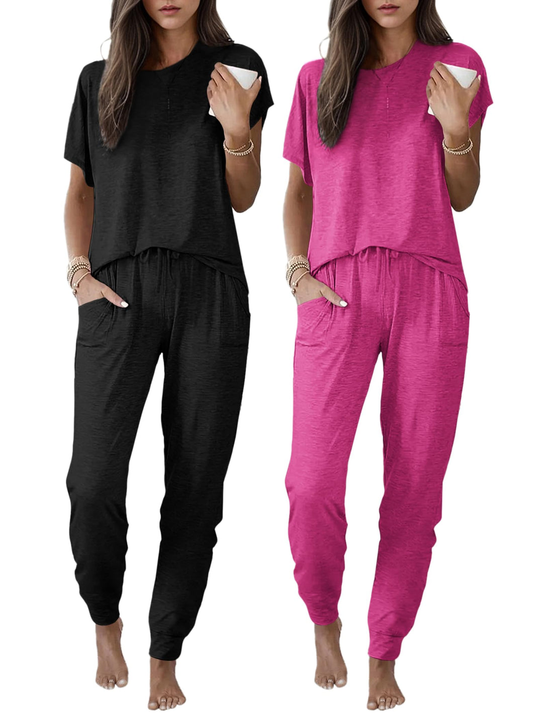 Ekouaer 2 pack Pajama Sets for Womens Jogger Pants Pjs Short Sleeves Lounge Set Soft Sleepwear with Pockets WEBE CLOTHING