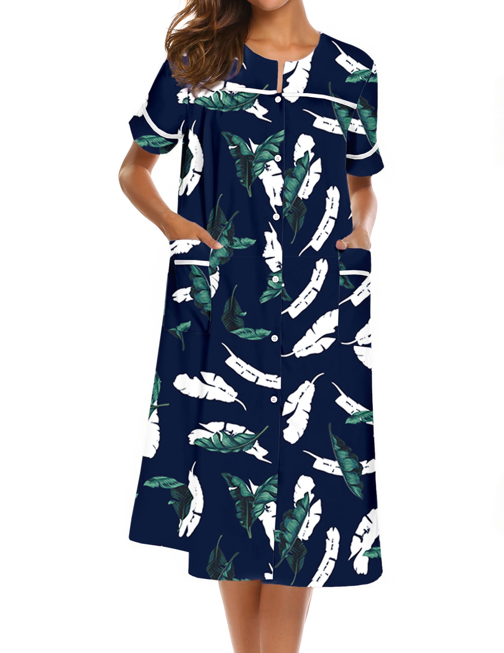 Ekouaer House Dress for Women with Pockets Duster Button Down Nightgown | Nightgowns for Women, Button Dwon House Dress with Pockets, Short Sleeve Duster Housecoat, Moo Moos for Elderly, Mumu Dress WEBE CLOTHING