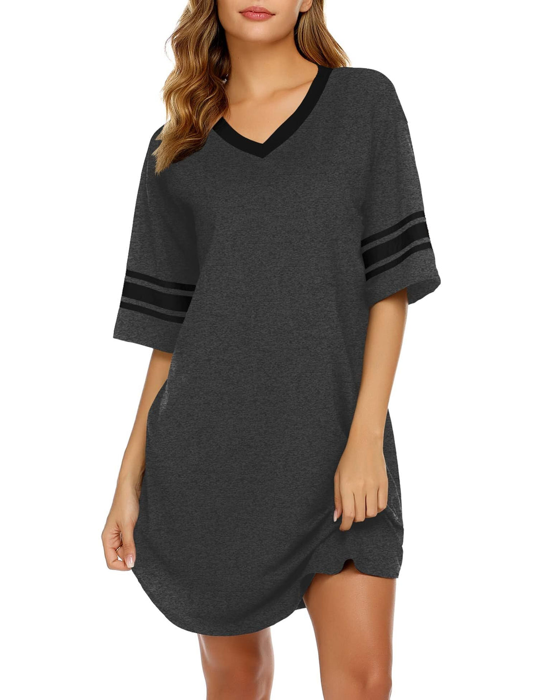 Ekouaer Nightgowns for Women Cotton Night Gown Short Sleeve Sleepwear V Neck Color Block Sleep Shirts Ladies Night Shirts