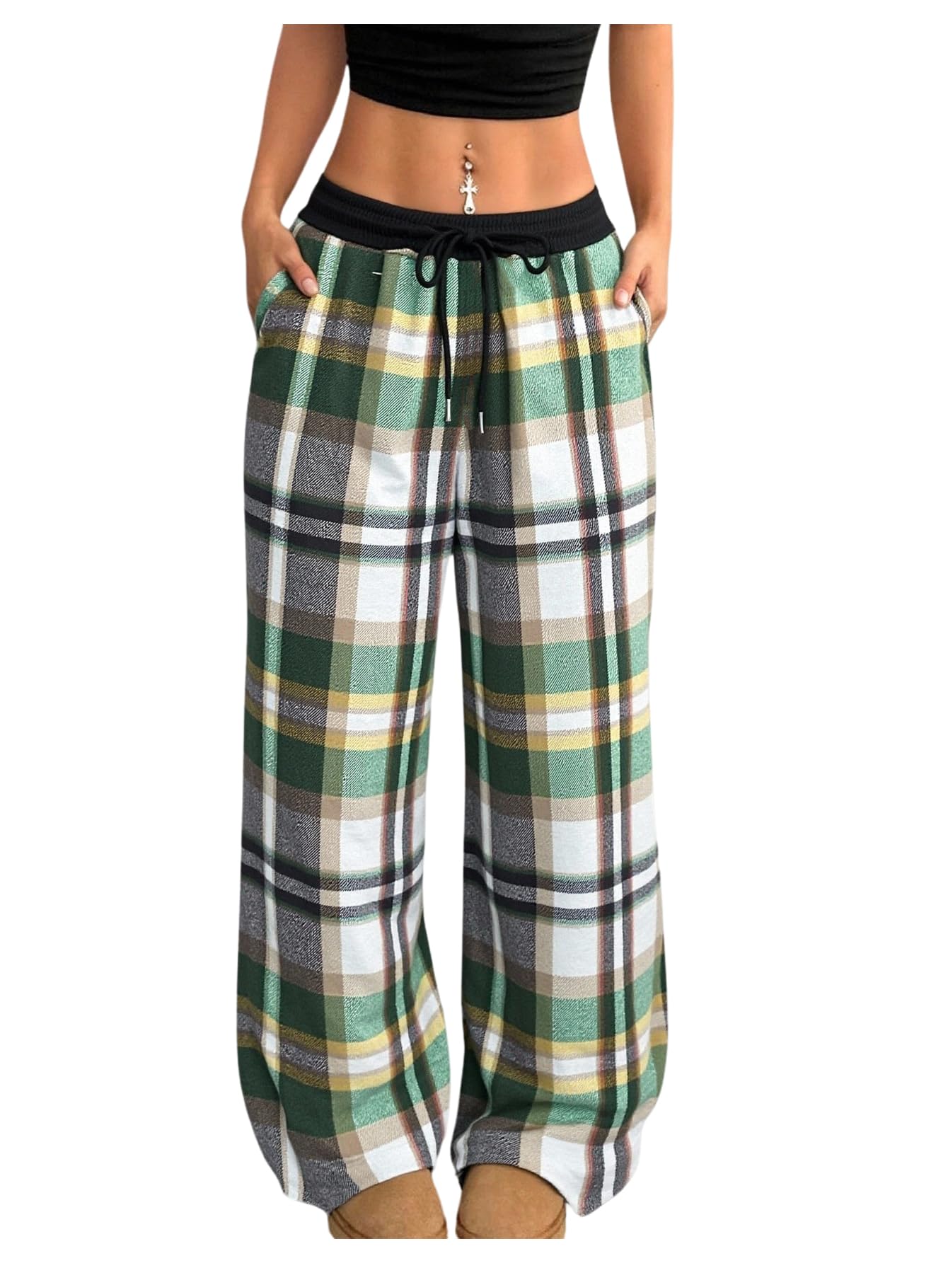 SOLY HUX Women's Plaid Checkered Pants Flannel Pajama Pants Lounge Wide Leg Baggy Sweatpants with Pockets