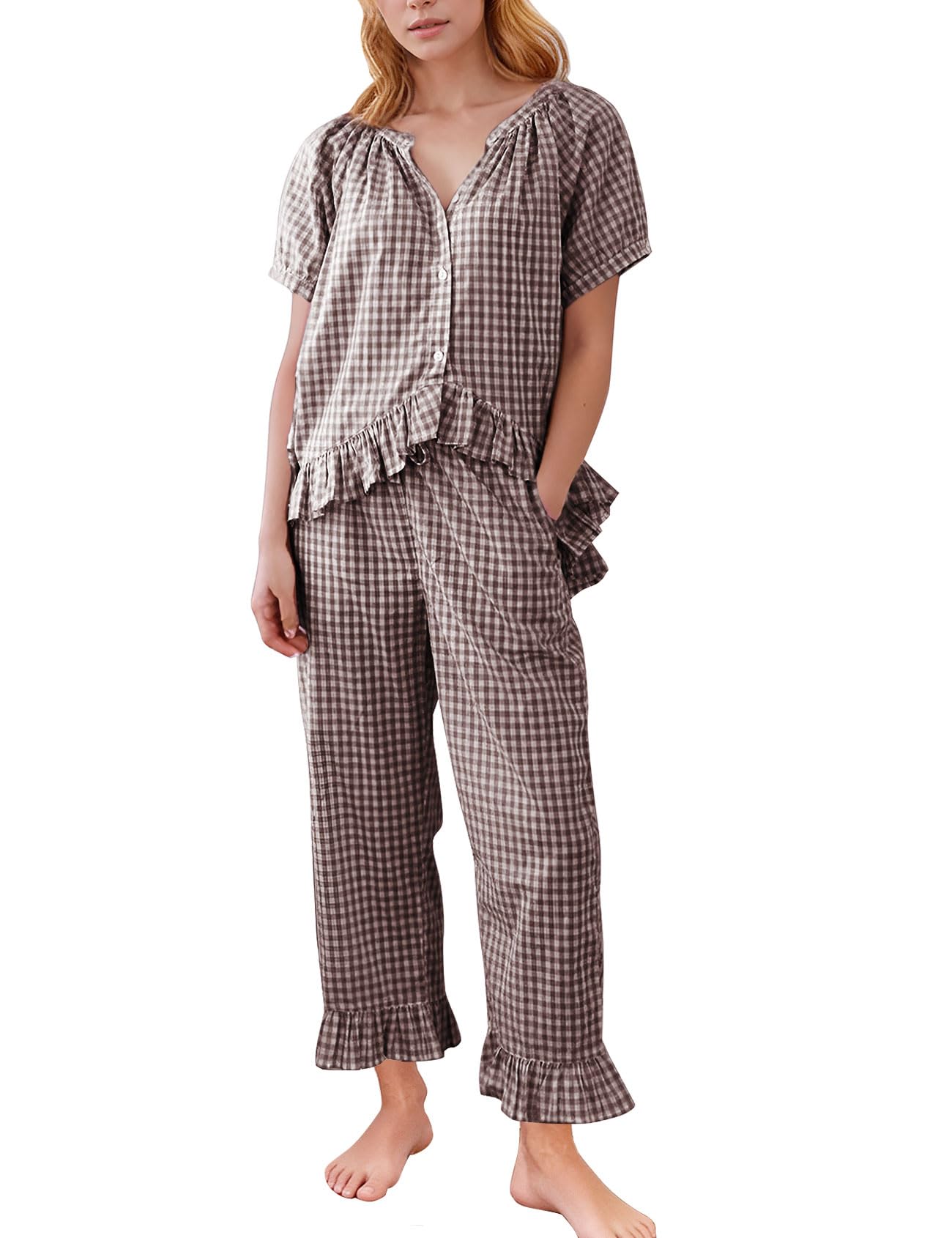 Flygo Womens Plaid 2 Piece Pajamas Sets Gingham Button Down Puff Sleeve Babydoll Shirt Ruffle Pants Y2K Pjs Lounge Set WEBE CLOTHING