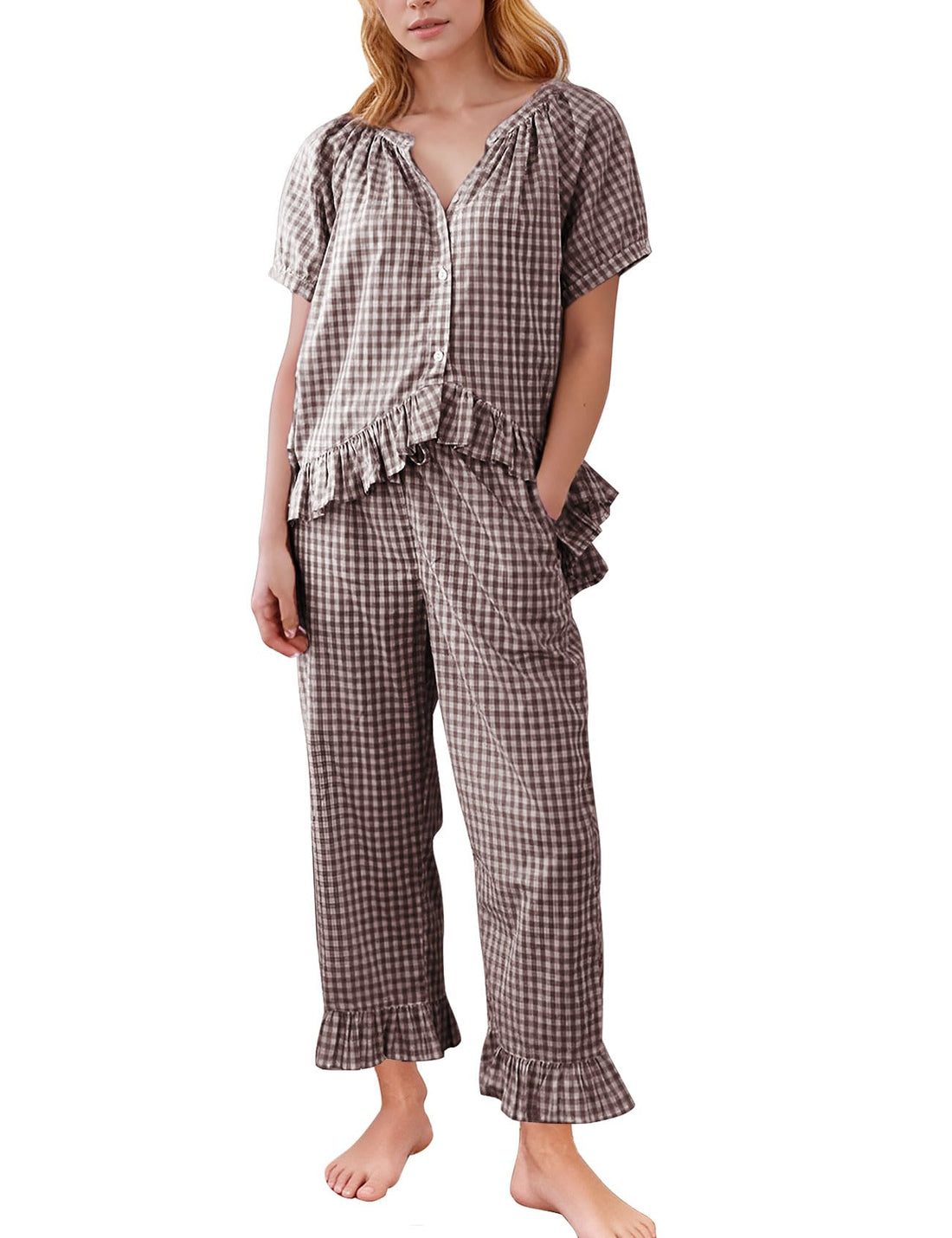 Flygo Womens Plaid 2 Piece Pajamas Sets Gingham Button Down Puff Sleeve Babydoll Shirt Ruffle Pants Y2K Pjs Lounge Set WEBE CLOTHING