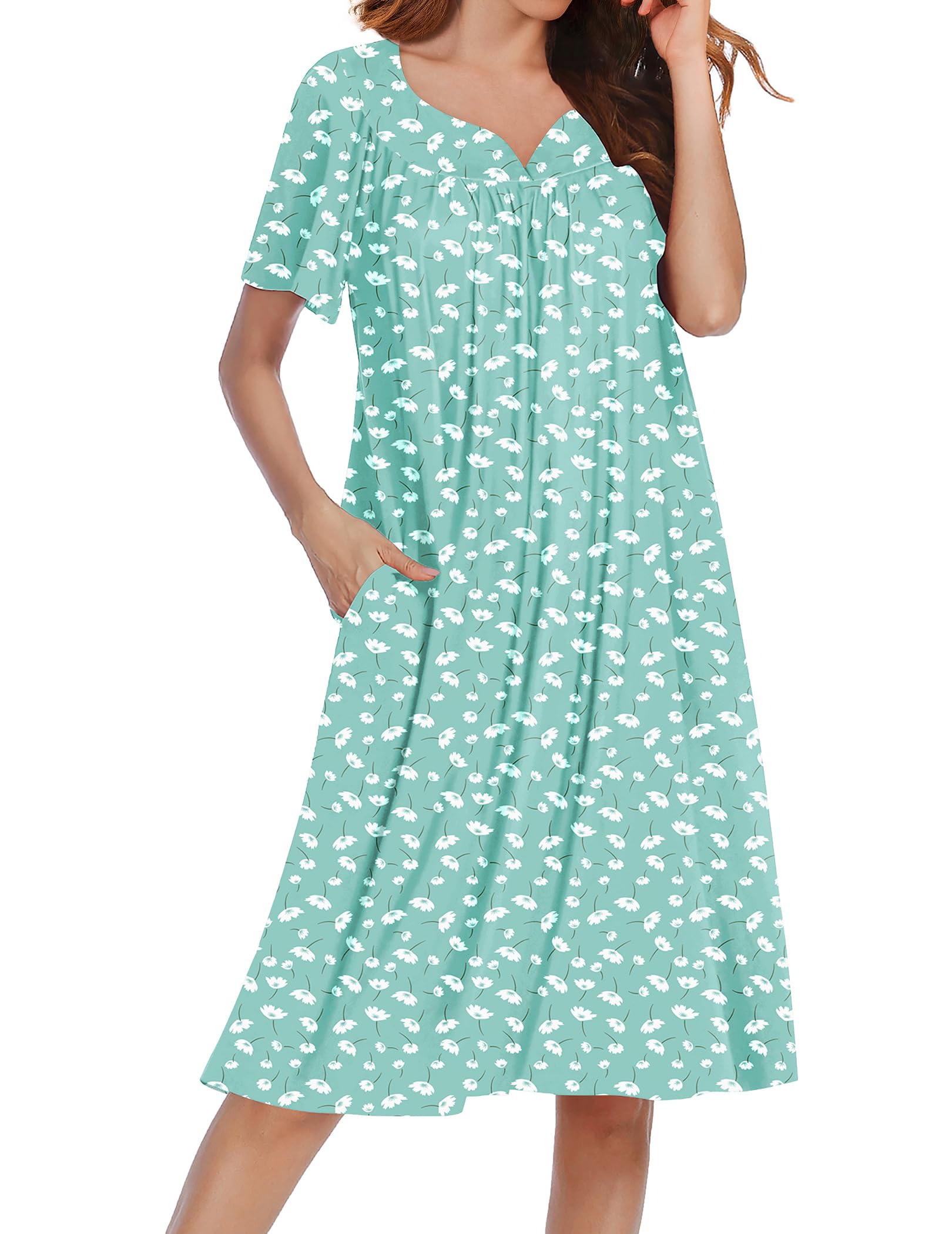 Ekouaer Nightgowns for Women House Dress Short Sleeve Moo Moo with Pockets | Pleated Mumu Dresses V Neck Sleepwear Short Sleeve Night Gowns Soft Sleep Shirts Plus Size Night Shirts Ladies Lounge Dress WEBE CLOTHING