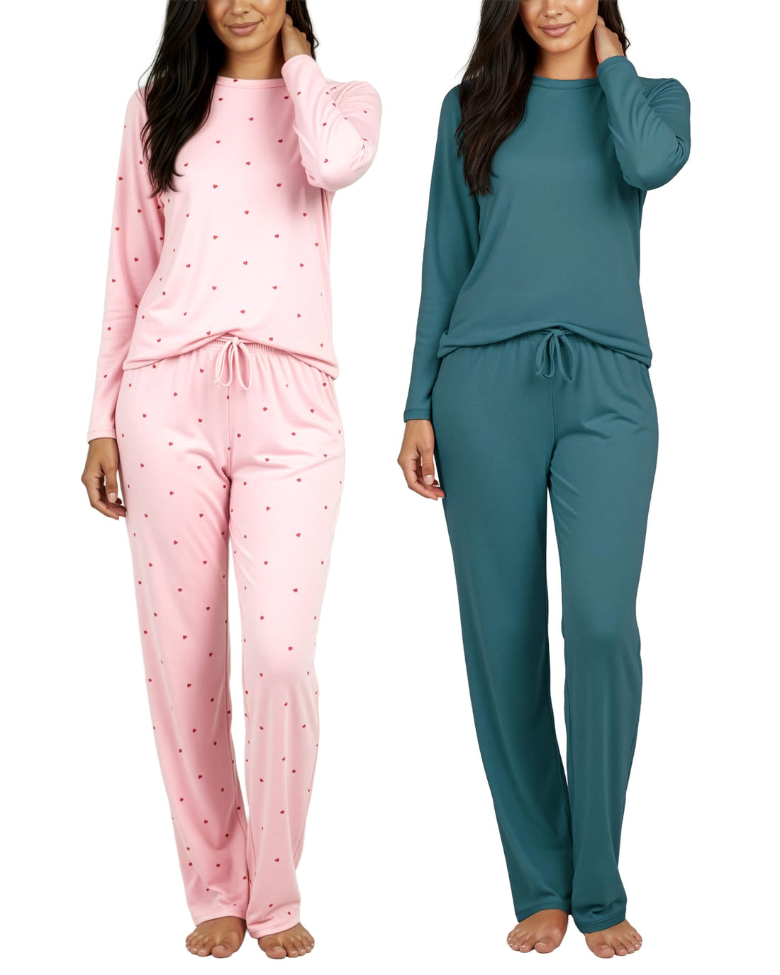 Real Essentials 2 Pack: Women's Long Sleeve Pajama Sets - Soft Comfy 2 Piece PJ Set Matching Ladies Sleepwear (Plus Size)