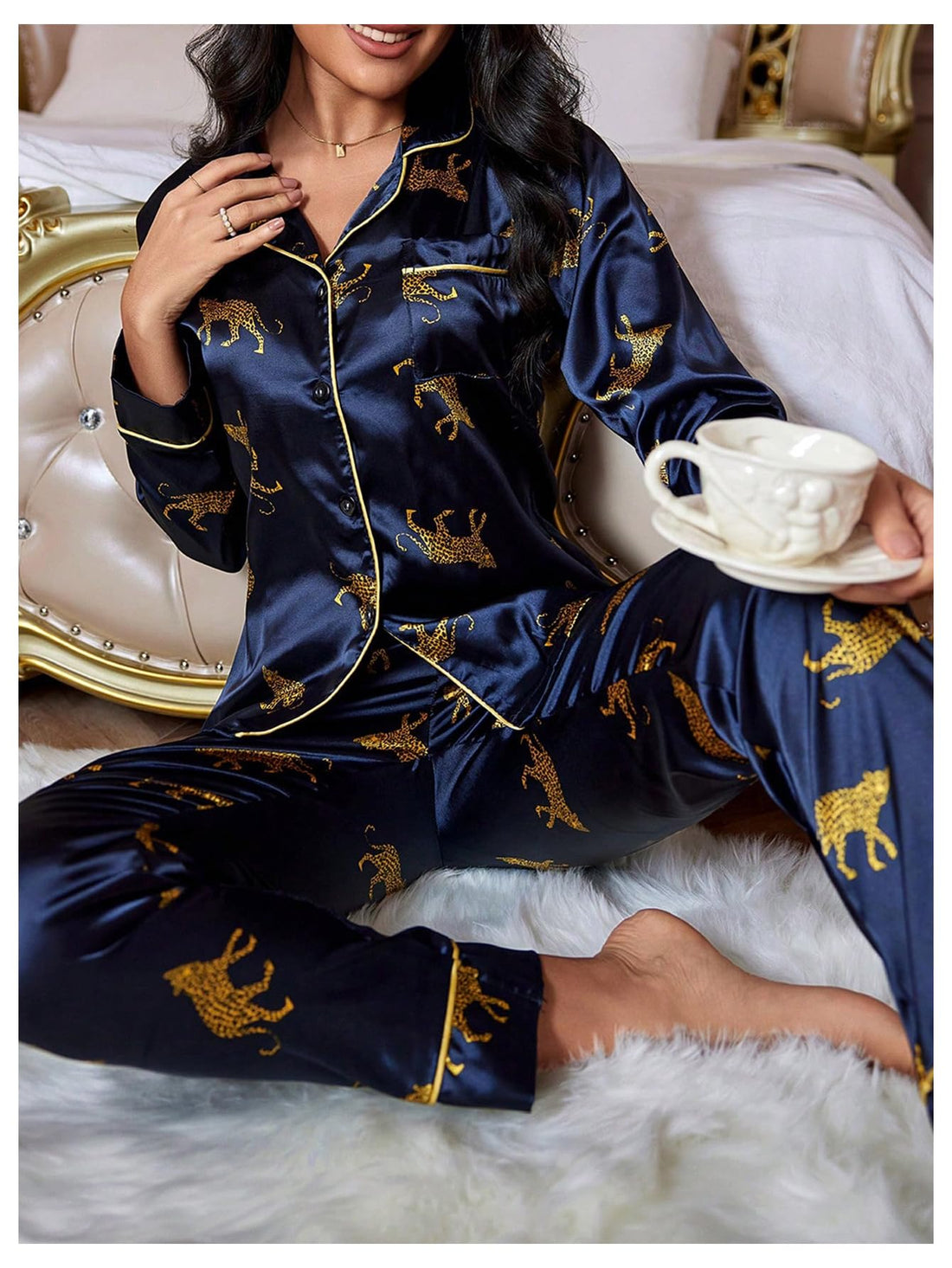 WDIRARA Women's 2 Piece Leopard Print Satin Pajama Set Lounge Sleepwear Set | Animal Print,Leopard Print Satin,Long Sleeve,Button Down,Cheetah Silk Loungewear Pj WEBE CLOTHING