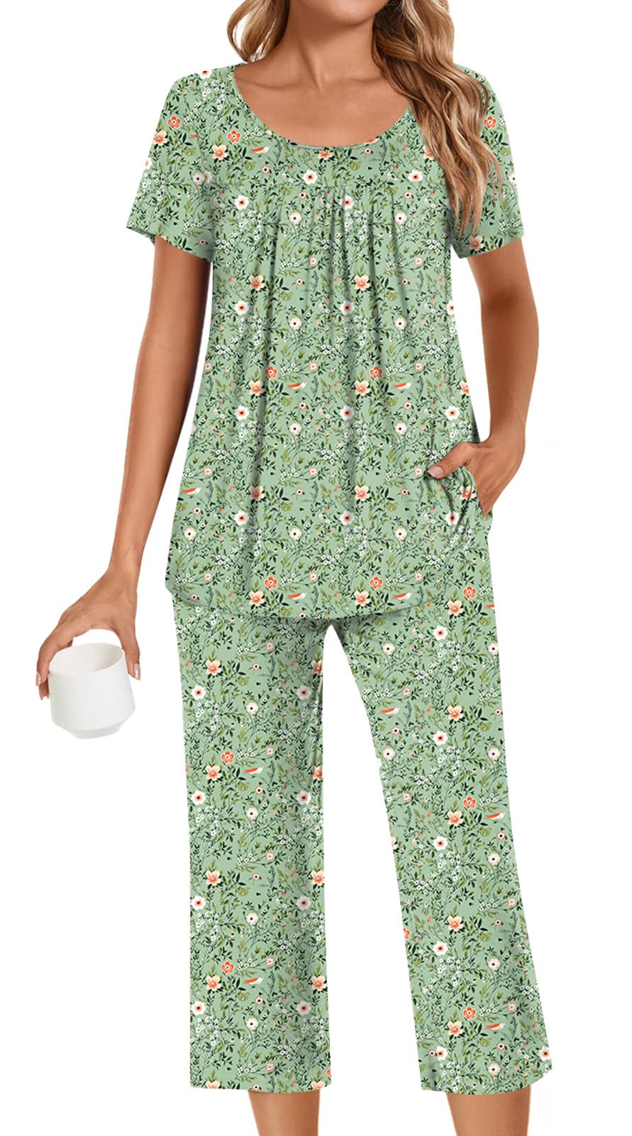 POPYOUNG Womens Pajama Sets Summer Ladies Pjs 2 Piece Loungewear Capri with Pockets Sleepwear