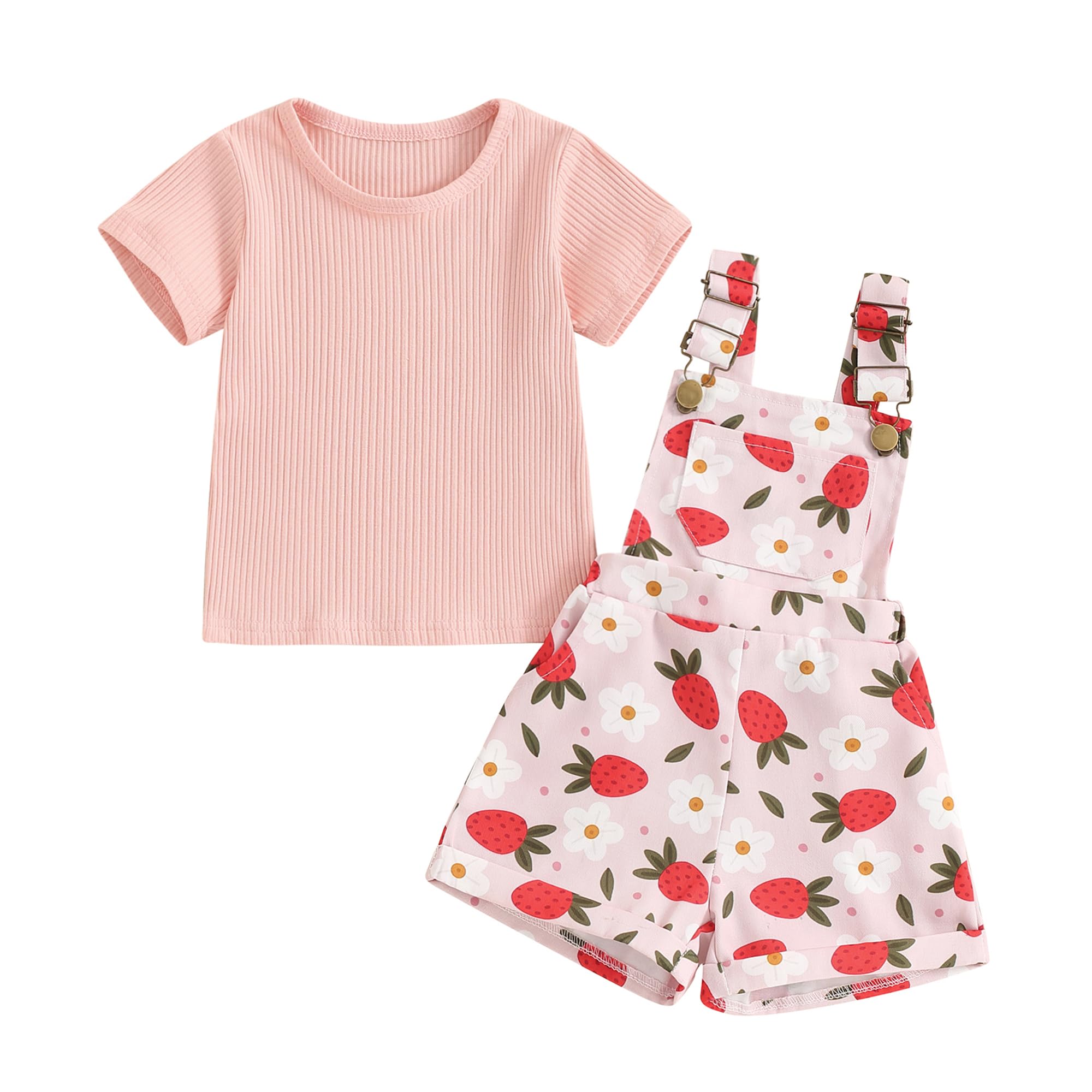 Toddler Baby Girls Summer Outfits T-Shirt Overalls Shorts Set | Short Sleeve Ribbed Shirt, Flower/Apple/Strawberry/Camo/Star/Bee Suspender Overalls, Kid 2Pcs Clothing, Spring Clothes 12M-5Y WEBE CLOTHING