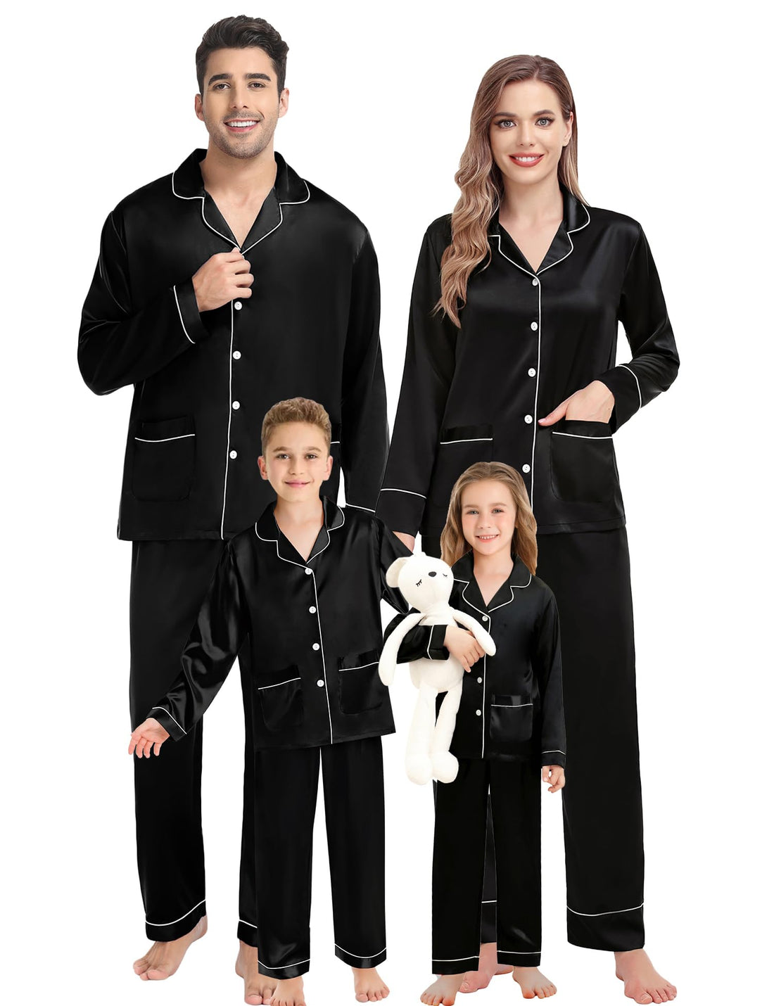 SWOMOG Matching Family Pajamas Set Women & Men & Kids Silk Satin Pjs 2 Pcs Long Sleeve Button Down Sleepwear with 2 Pockets