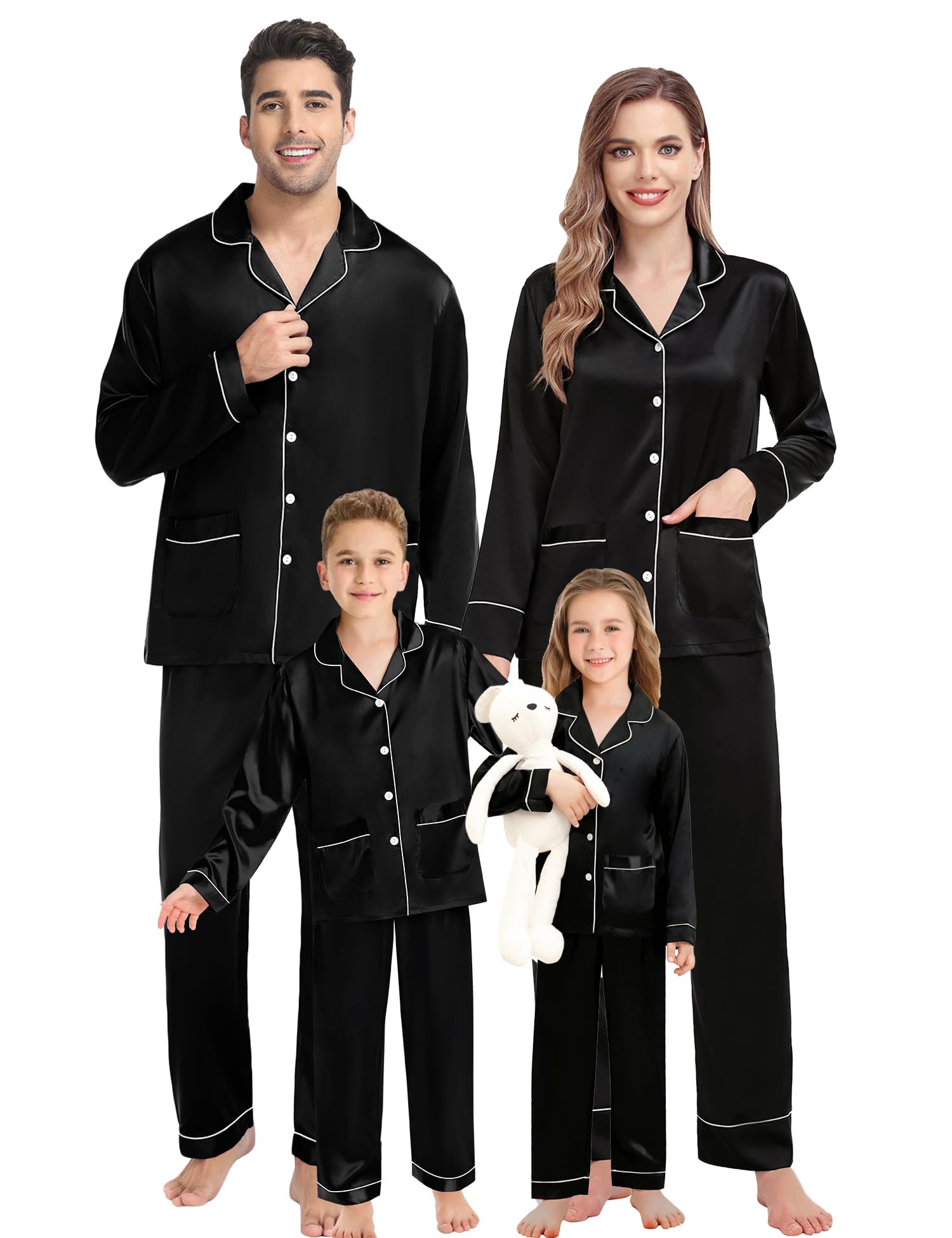 SWOMOG Matching Family Pajamas Set Women & Men & Kids Silk Satin Pjs 2 Pcs Long Sleeve Button Down Sleepwear with 2 Pockets