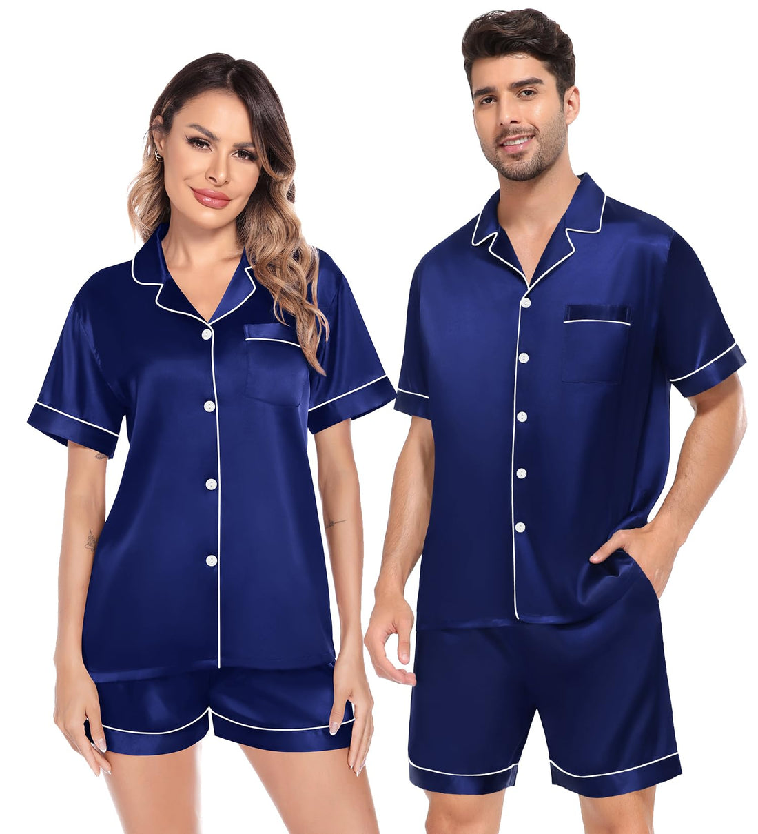 SWOMOG Satin Matching Pajamas Sets Couple Silk Button Down Nightwear Women & Men Short Sleeve Sleepwear 2 Pieces Loungewear