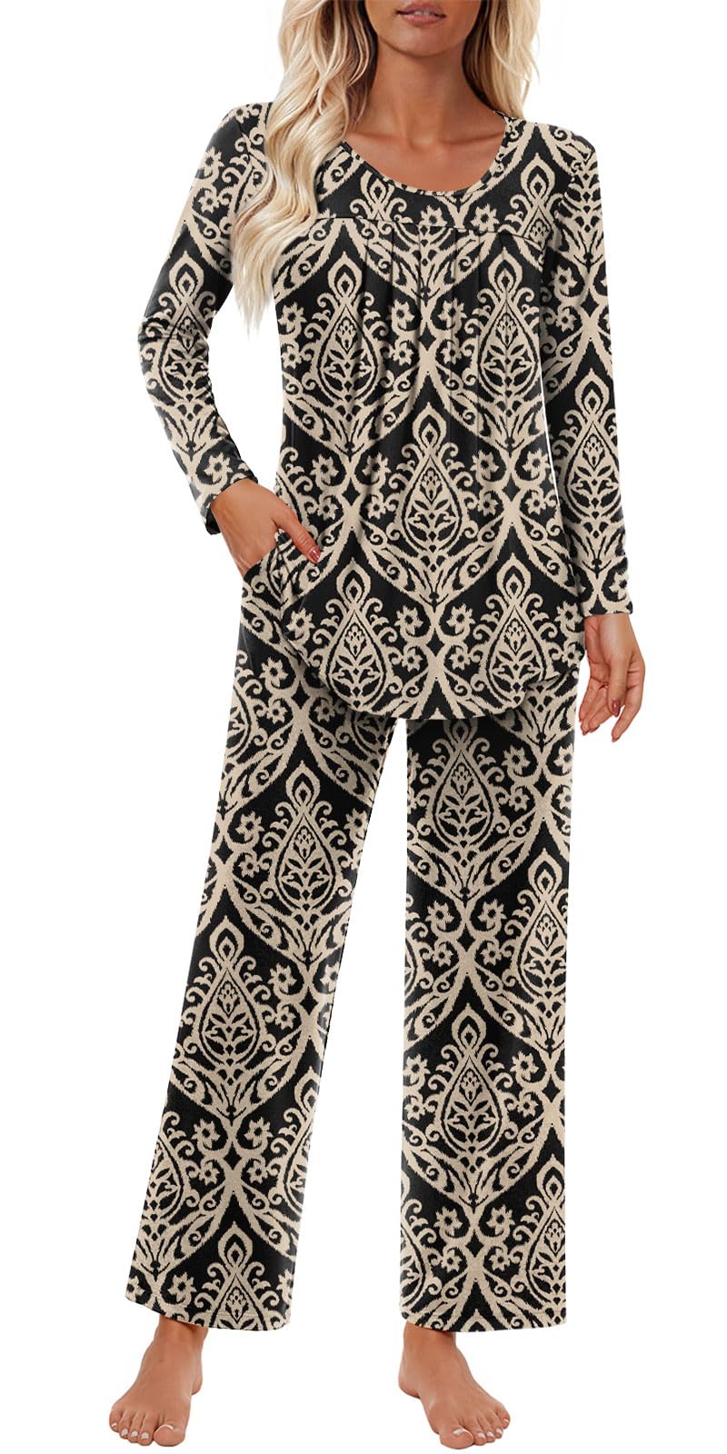 Findsweet Women's Pajama Set 2 Piece Lounge Outfits Soft Sleepwear Fall Long Sleeve Long Pant With Pockets Ladies Pjs S-3XL