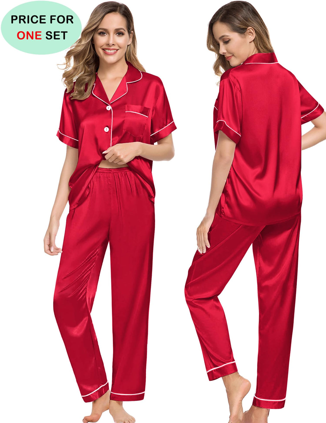 SWOMOG Couples Pajamas Sets Women & Men Satin Short Sleeve Sleepwear Button Down Loungewear Pjs Set with Long Pants