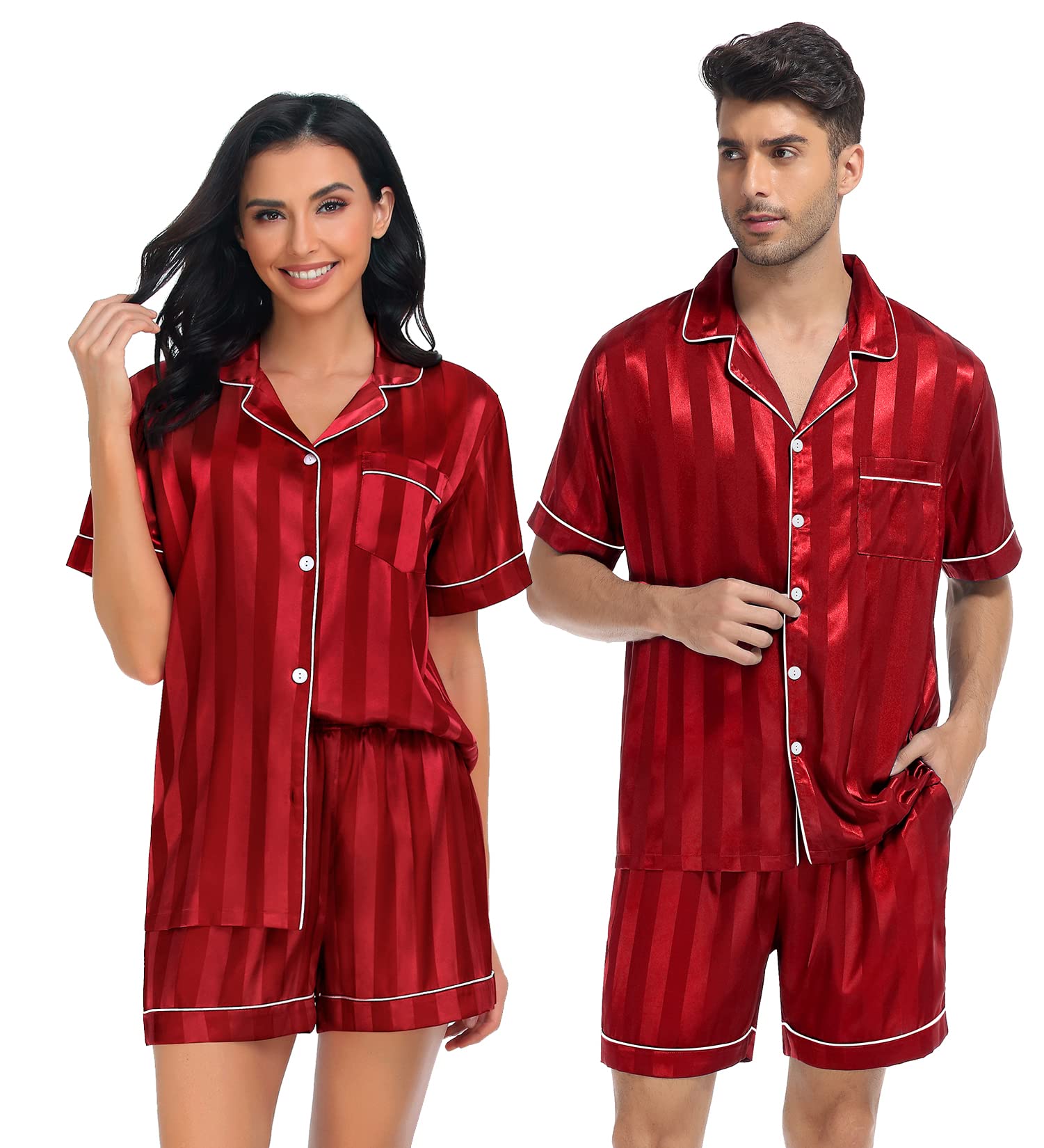 SWOMOG Satin Matching Pajamas Sets Couple Silk Button Down Nightwear Women & Men Short Sleeve Sleepwear 2 Pieces Loungewear