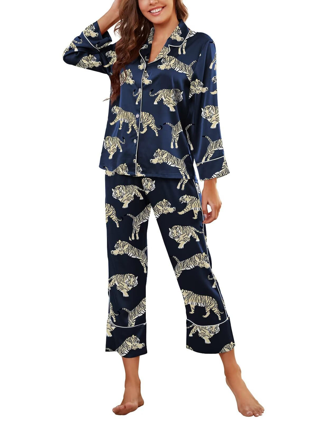 Brosloth Women's Silk Satin Pajamas Long Sleeve Button Up Loungewear Set | Button Down Animal Print Pajamas, Ladies Fancy Pajama sets, Two Piece Lounge Set, Notch Collar Lightweight Sleepwear, Gift WEBE CLOTHING