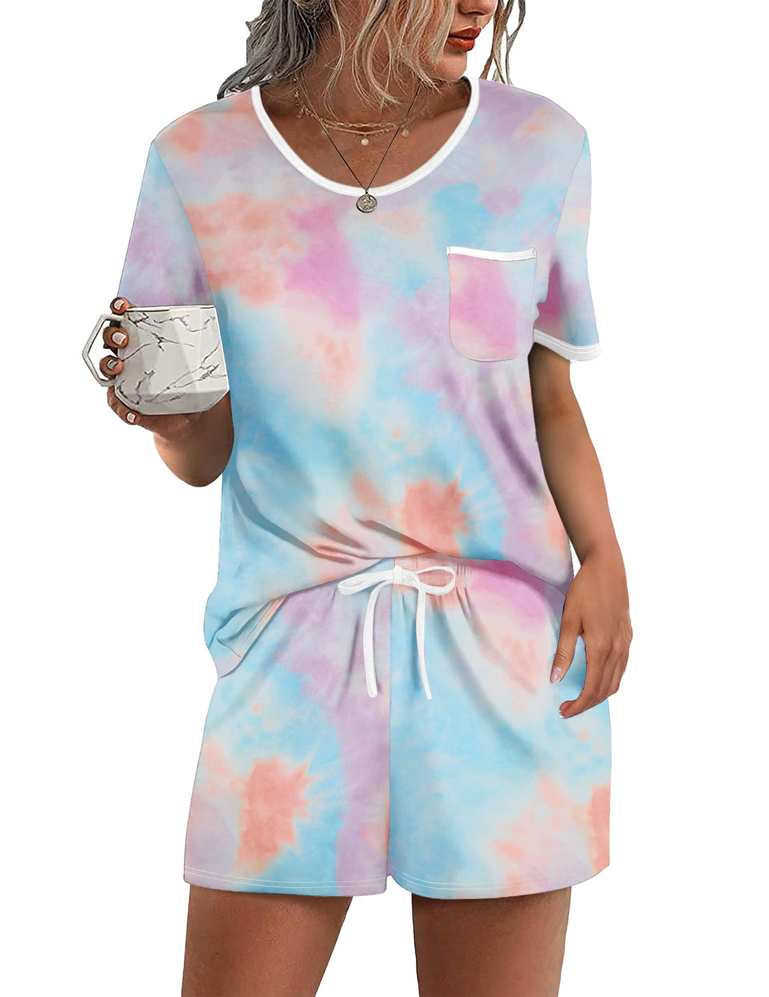 Ekouaer Pajama Set for Women 2 Piece Lounge Set Short Sleeve Tops and Shorts Soft Sleepwear, Chest Pocket