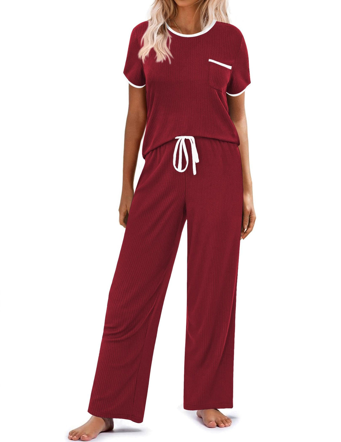 Ekouaer Women Lounge Pajamas Sets Ribbed Knit PJ Short Sleeve and Long Pajama Pant Soft 2 Piece Sleepwear Loungwear Set