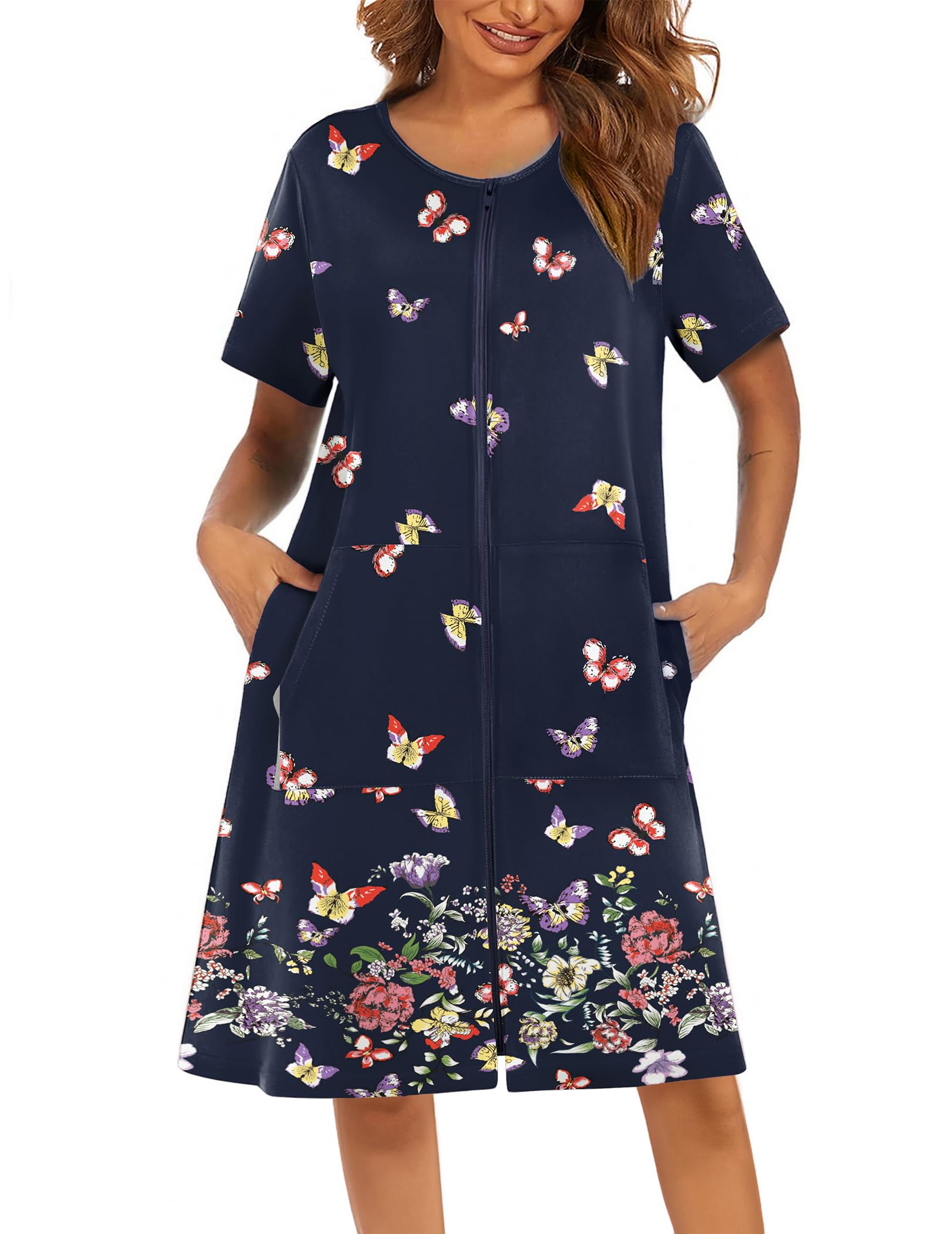 Ekouaer Women Robes Lightweight House Coat Short Sleeve Floral Print Mumu House Dresses with Pockets Zipper Nightgowns