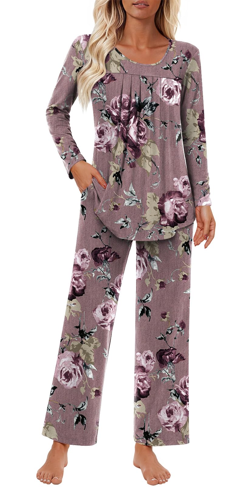 Findsweet Women's Pajama Set 2 Piece Lounge Outfits Soft Sleepwear Fall Long Sleeve Long Pant With Pockets Ladies Pjs S-3XL