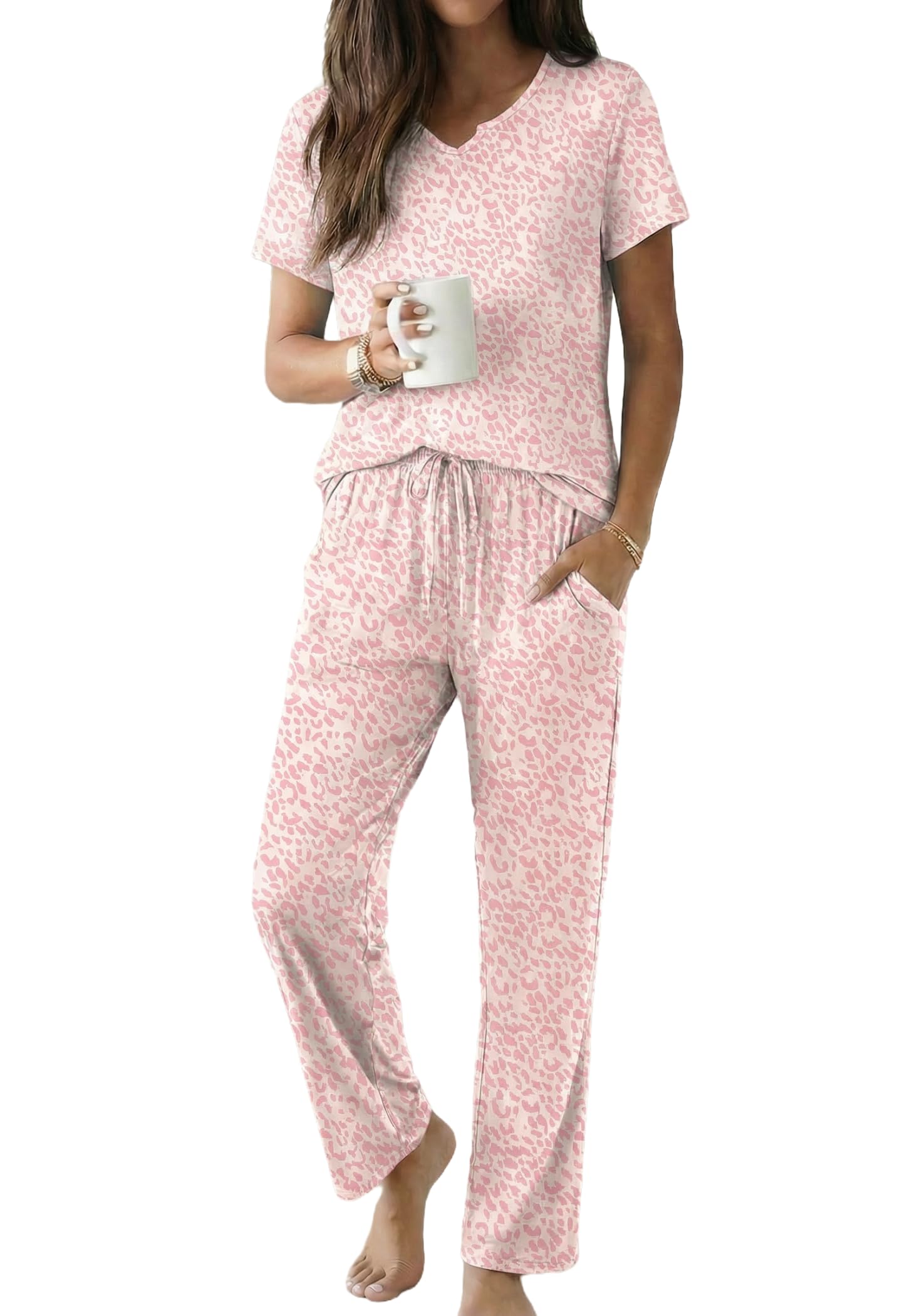Ekouaer 2 Piece Womens Pajamas Short Sleeve Top and Long Pants Pjs Set Printed Sleepwear with Pocket WEBE CLOTHING