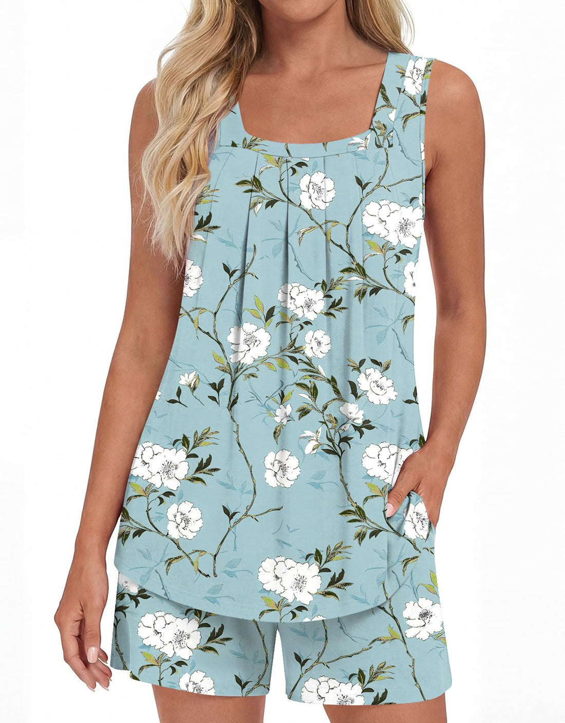 LONGYUAN Womens Sleeveless Pajama Set Soft Summer Lounge Shorts Tank Top Sleepwear with Pockets 2 Piece Set M-3XL