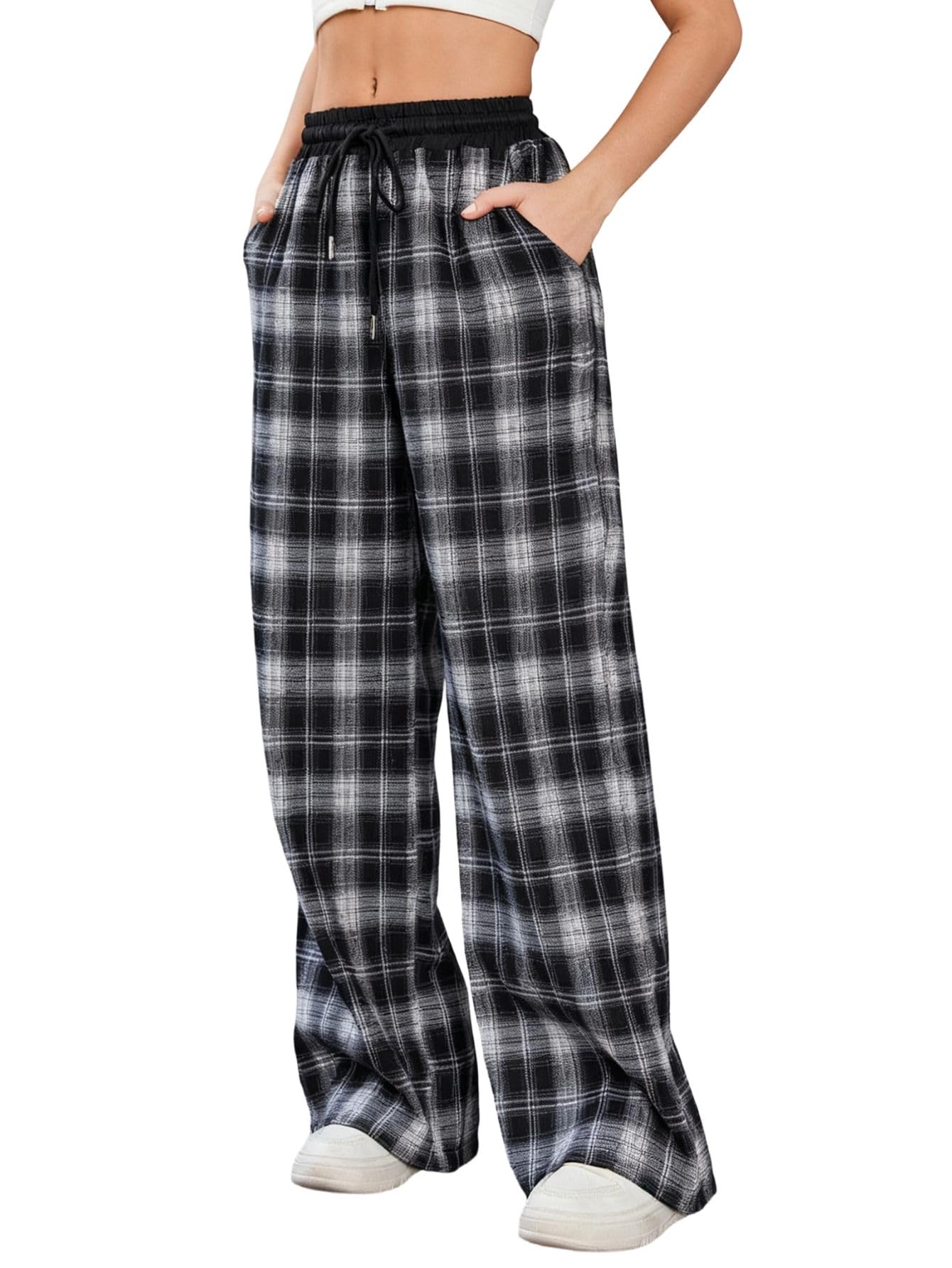 SOLY HUX Women's Plaid Checkered Pants Flannel Pajama Pants Lounge Wide Leg Baggy Sweatpants with Pockets
