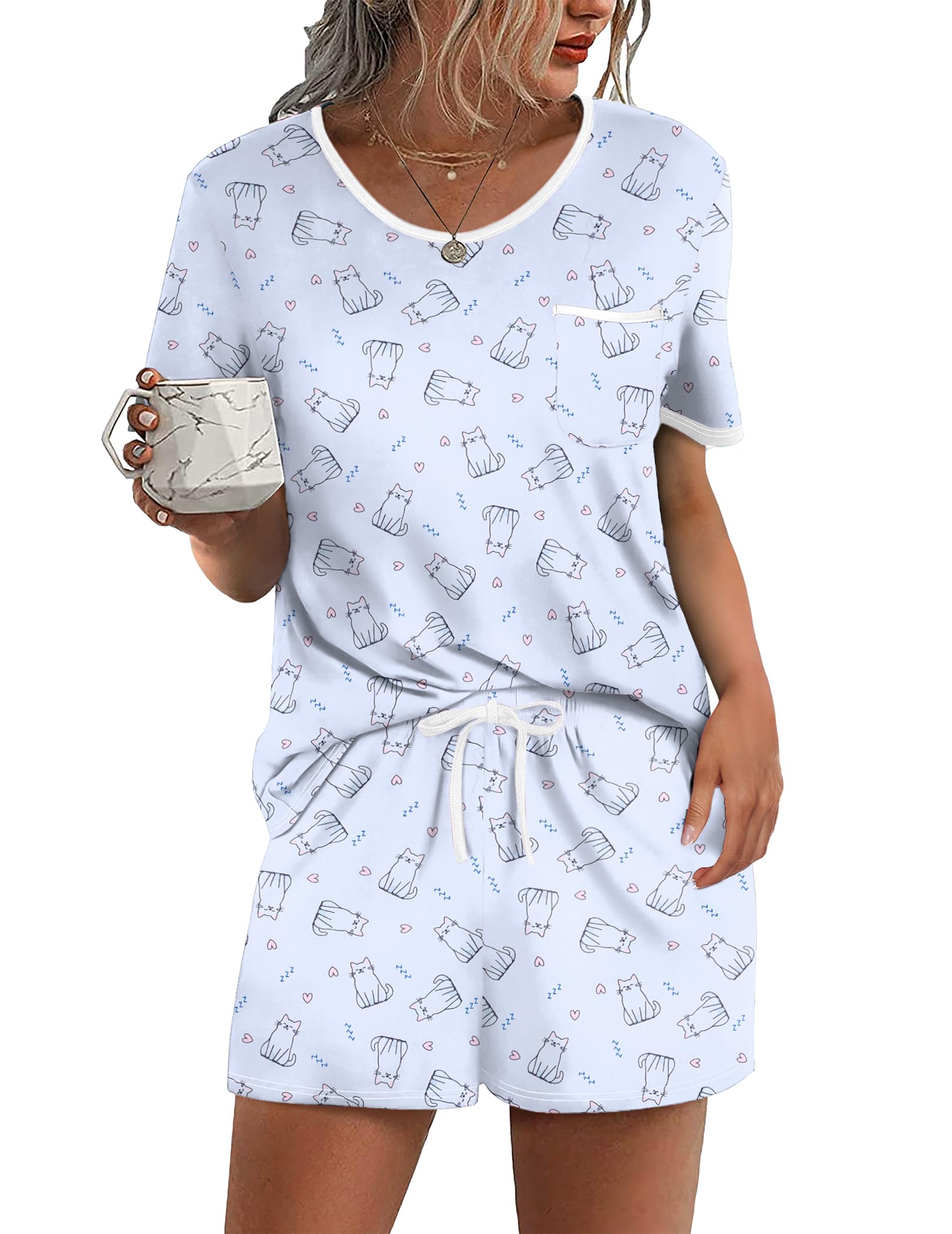 Ekouaer Pajama Set for Women 2 Piece Lounge Set Short Sleeve Tops and Shorts Soft Sleepwear, Chest Pocket
