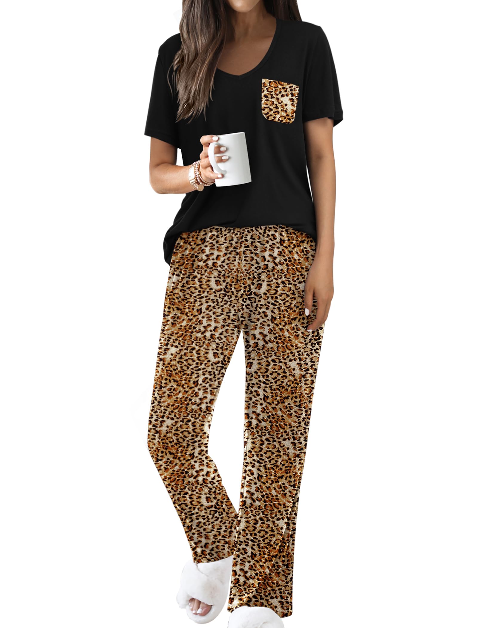 Ekouaer Pajama Sets for Women Short Sleeve Pj Set V Neck Sleepwear Chest Pocket with Long Pants Casual Loose Loungewear WEBE CLOTHING