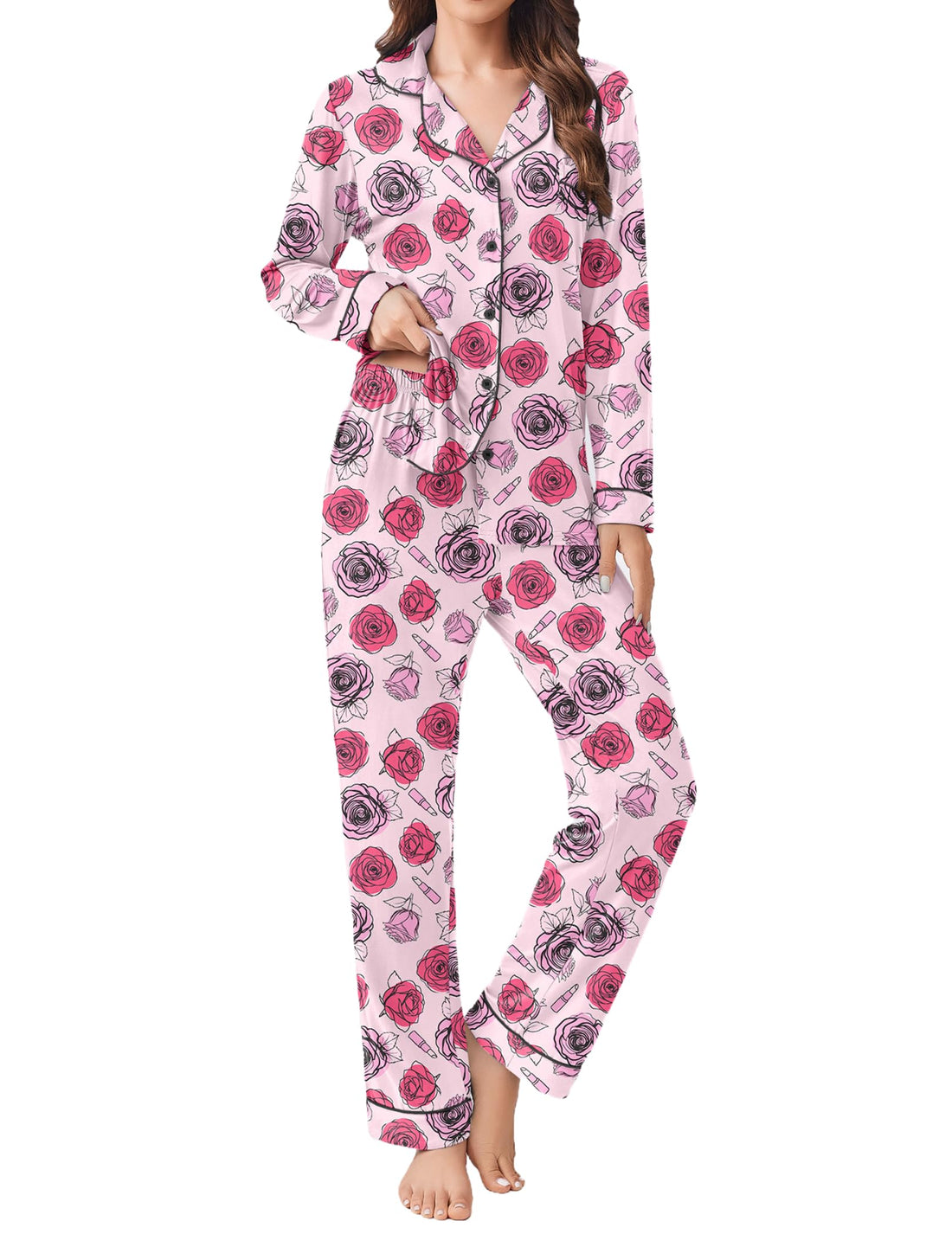 Ekouaer Womens Pajamas Set 2 Piece Button Down Pjs Soft Long Sleeve Top and Pants Sleepwear Set Lounge Sets