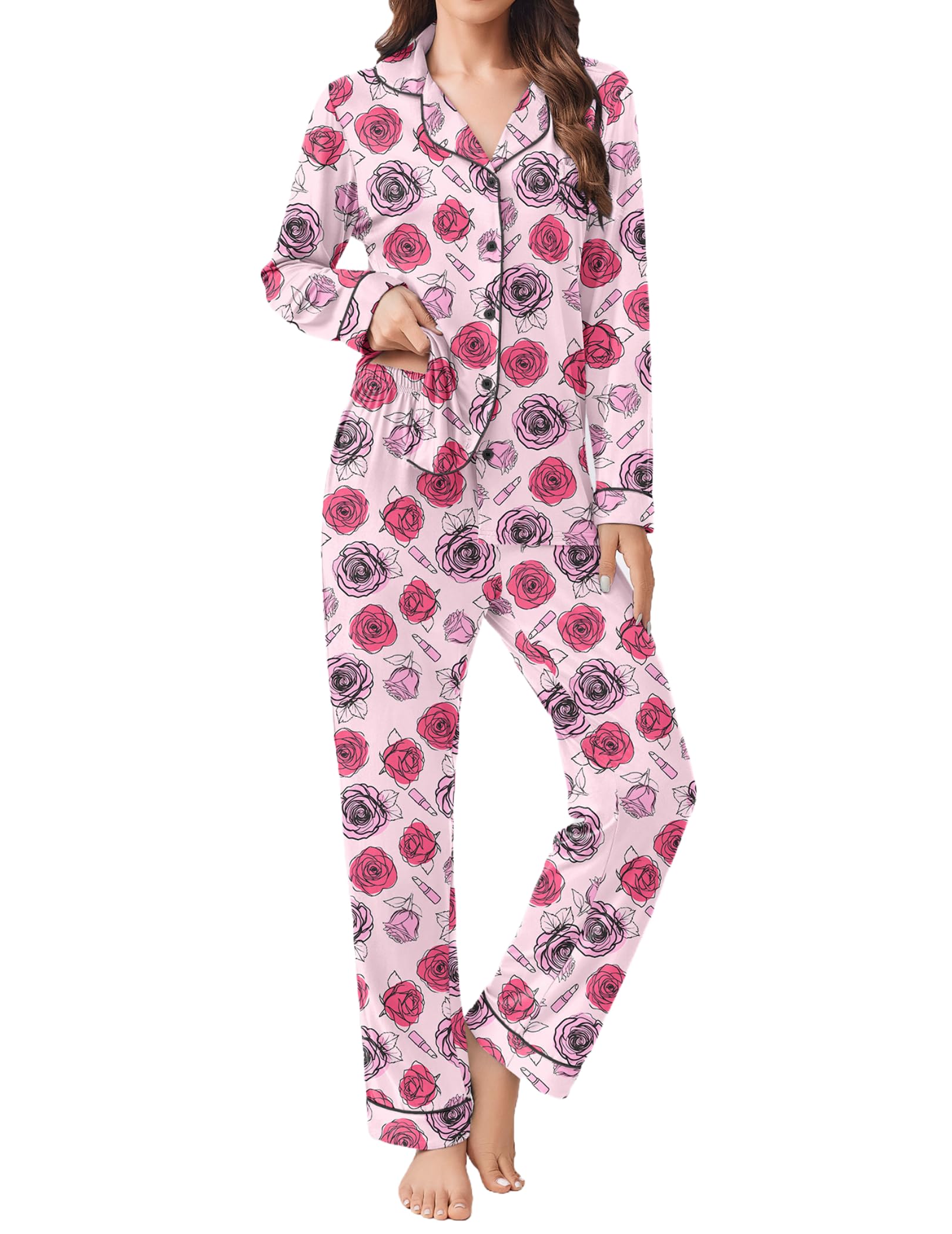 Ekouaer Womens Pajamas Set 2 Piece Button Down Pjs Soft Long Sleeve Top and Pants Sleepwear Set Lounge Sets