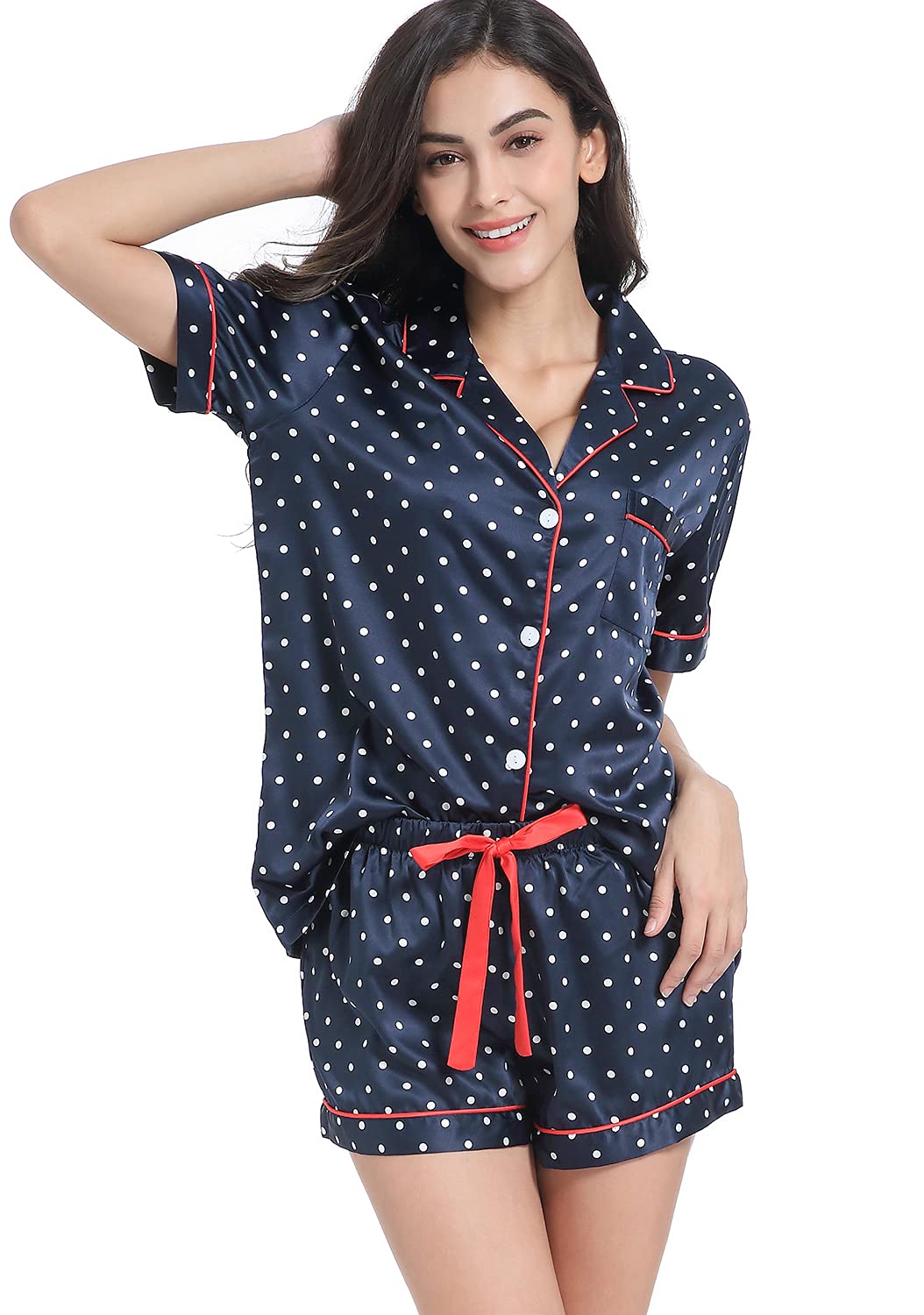 Serenedelicacy Women's Satin Pajama Set 2-Piece Sleepwear Loungewear Button Down Short Sleeve Silky PJ Set WEBE CLOTHING