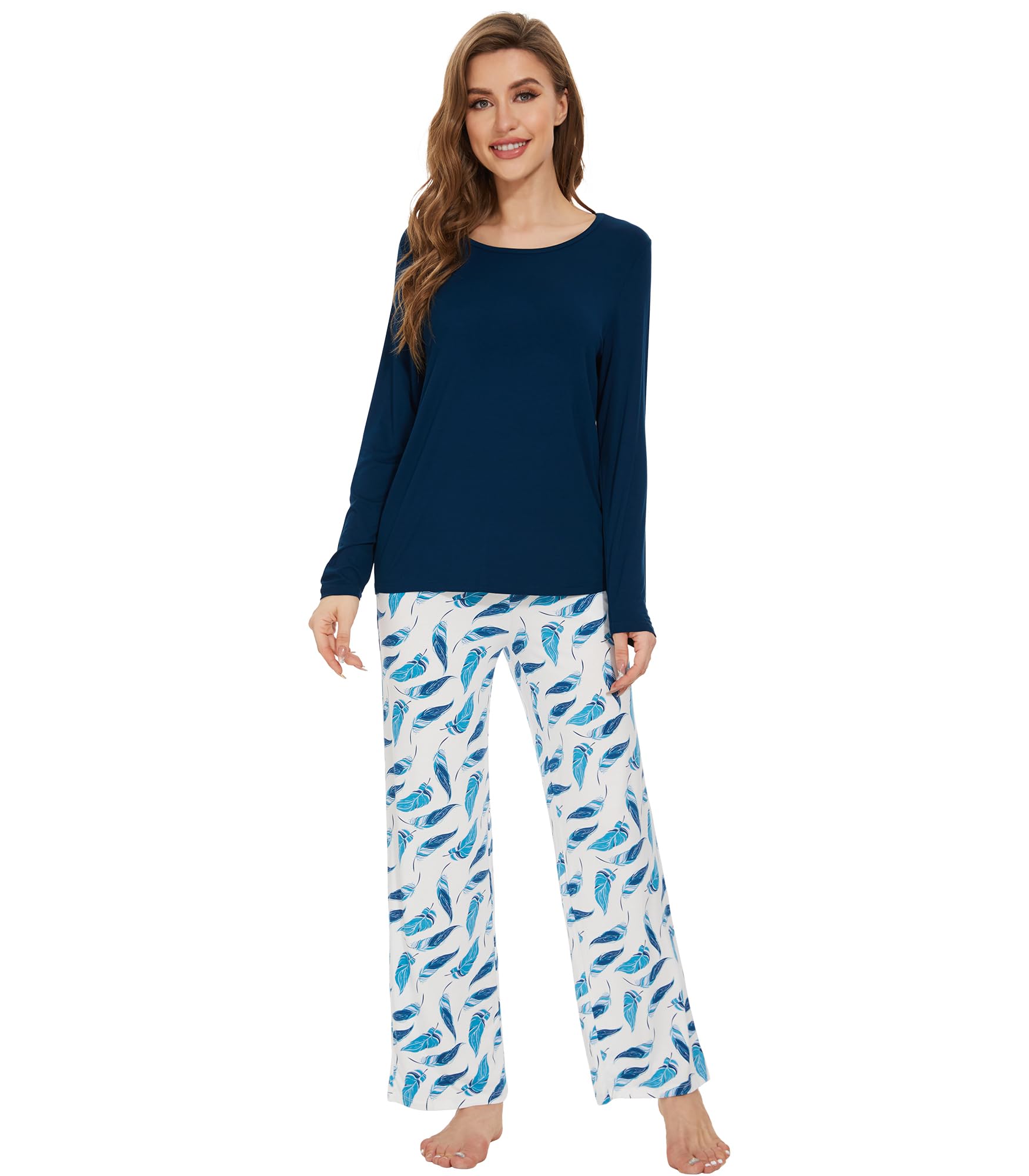 WiWi Bamboo Viscose Pajama Set for Women Super Soft Long Sleeve Top with Pants Loungewear Cooling 2 Piece Pjs Sets S-XXL