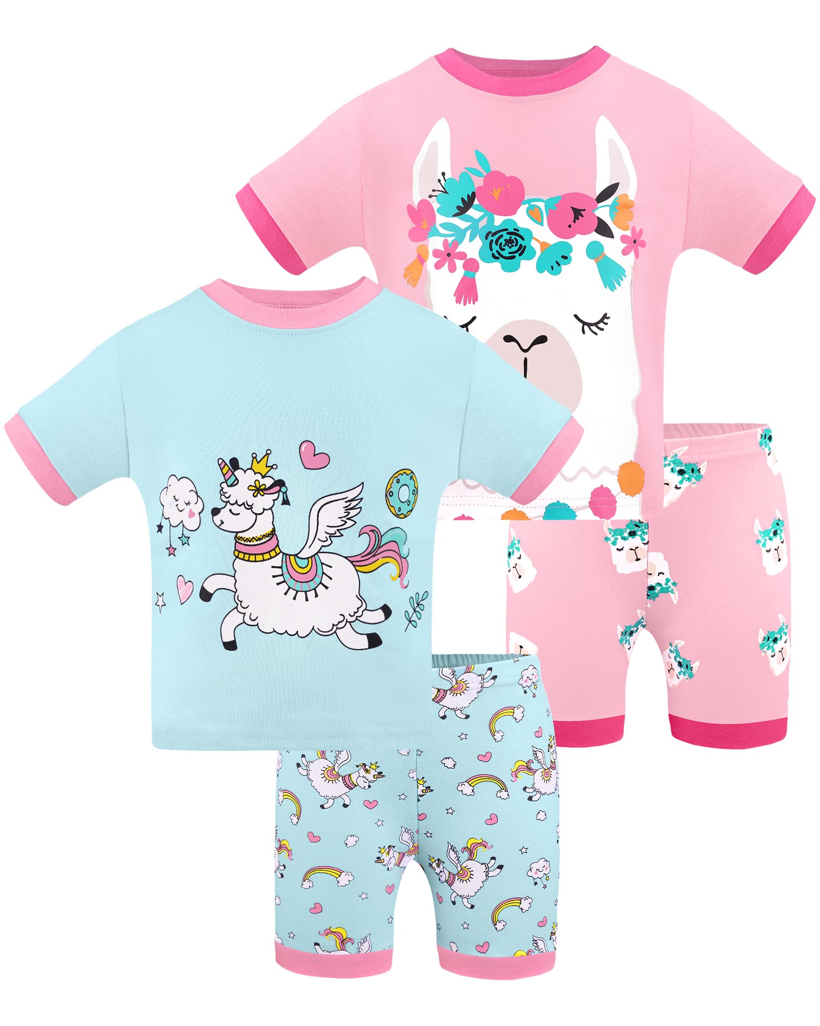 DAUGHTER QUEEN Girls Summer Pajamas Set 4 Pieces 100% Cotton Sleepwear Size 18 Months-12 Years
