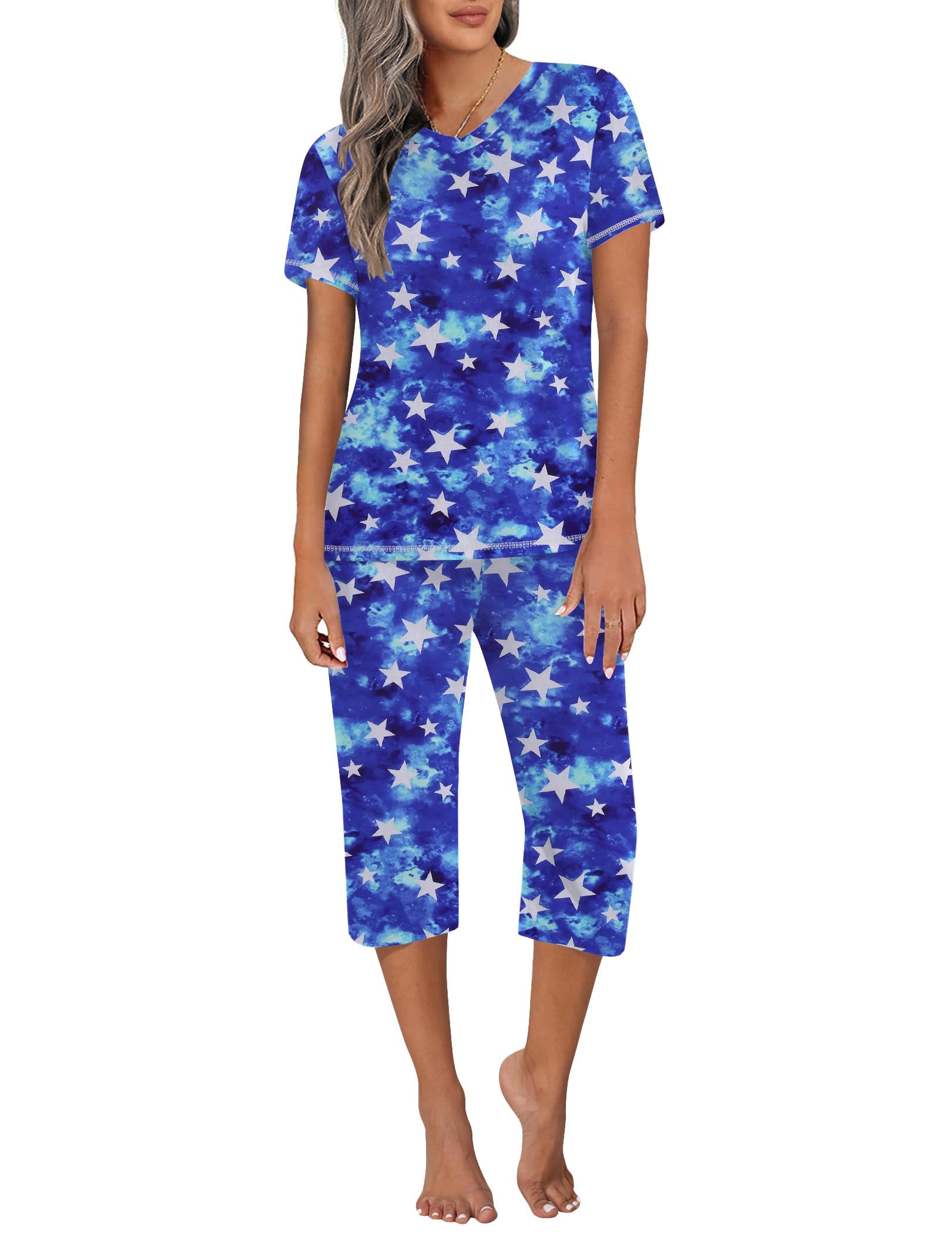 Ekouaer Women's Sleepwear Capri Pajama Sets Short Sleeve Two-Piece Pjs V Neck Tops & Capri Pants with Pockets S-3XL