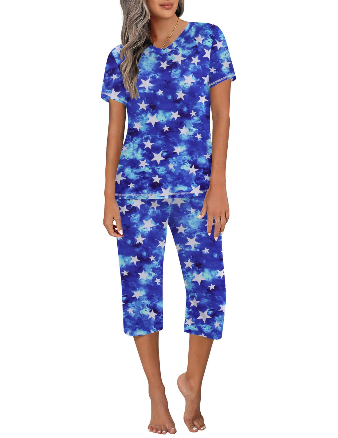 Ekouaer Women's Sleepwear Capri Pajama Sets Short Sleeve Two-Piece Pjs V Neck Tops & Capri Pants with Pockets S-3XL