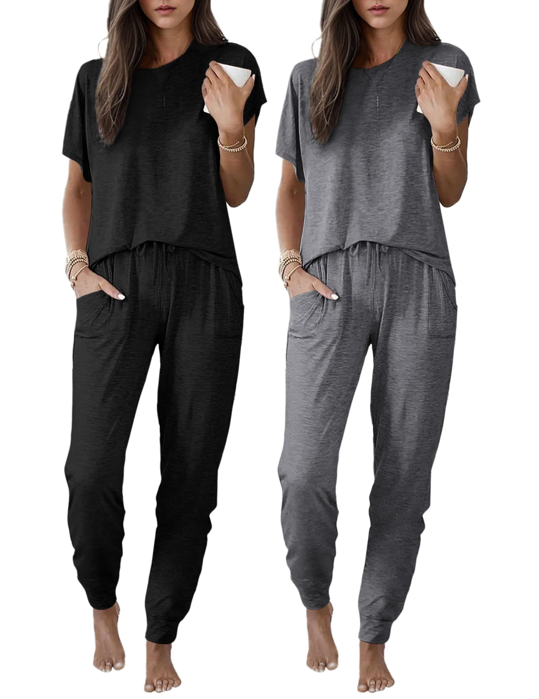 Ekouaer 2 pack Pajama Sets for Womens Jogger Pants Pjs Short Sleeves Lounge Set Soft Sleepwear with Pockets WEBE CLOTHING