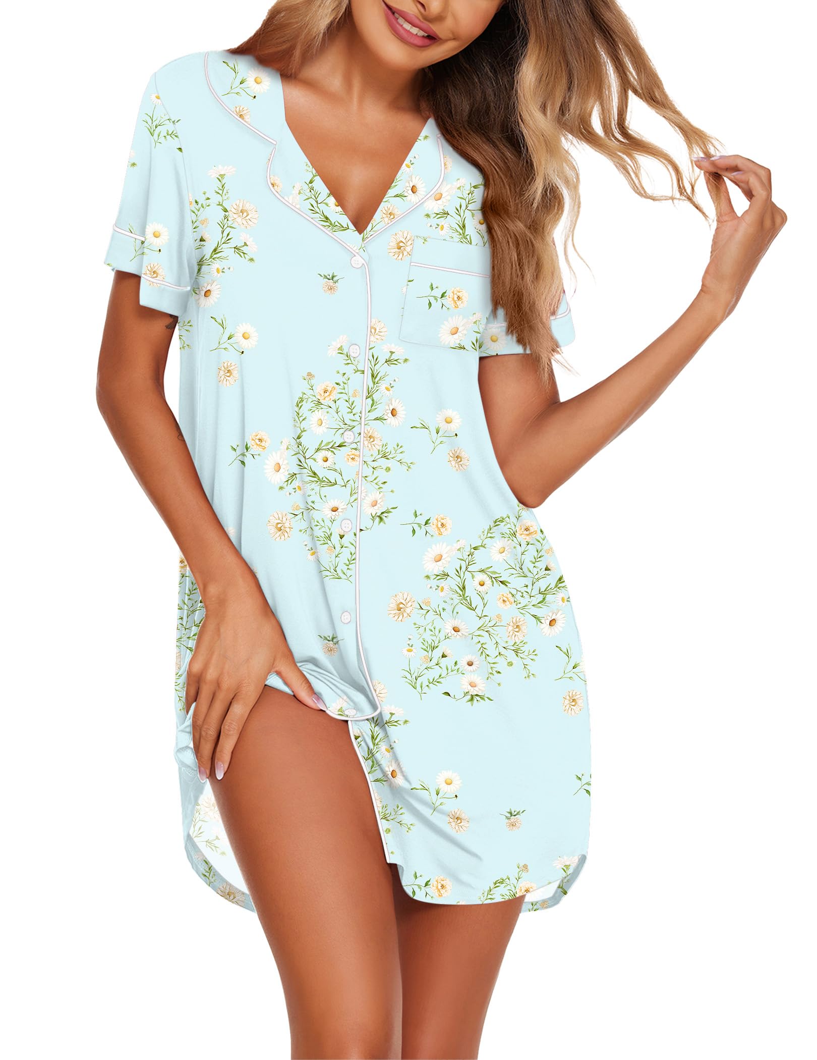 Ekouaer Nightgowns for Women Button Down Sleepshirt Short Sleeve Nightshirt Boyfriend Pajamas V Neck Nightdress S-XXXL