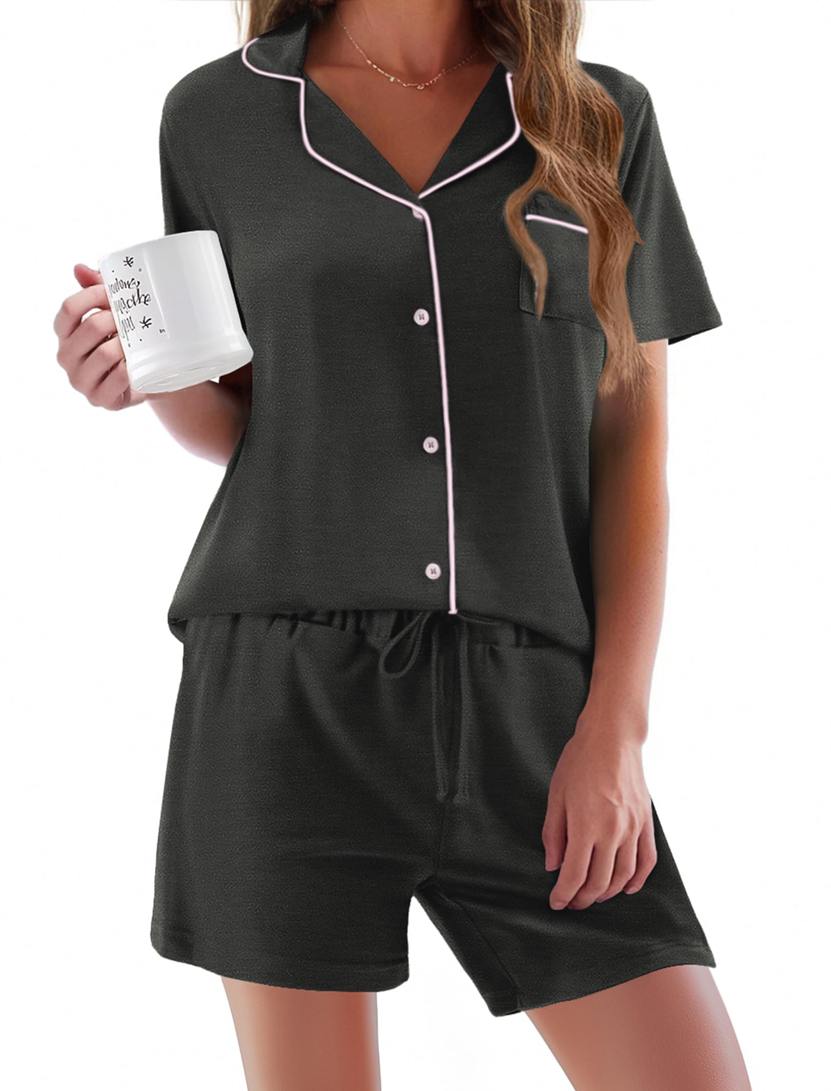 Ekouaer Pajamas Set for Women Short Sleeve Sleepwear Button Down Pjs Soft 2 Piece Lounge Sets XS-XXXL