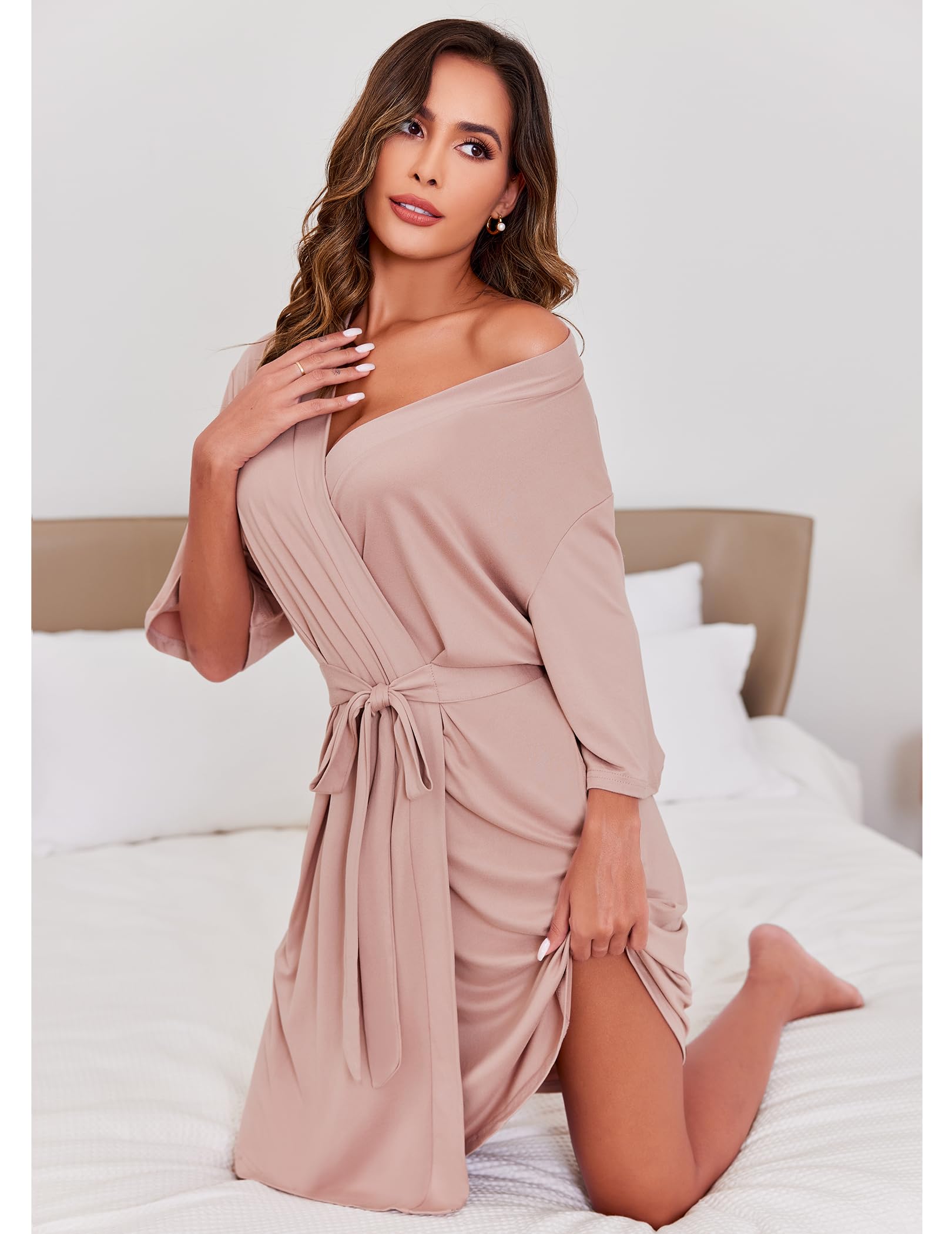 Ekouaer Short Robes for Women Lightweight Kimono Robes Knit Bathrobe Soft Sleepwear with Pockets S-XXL WEBE CLOTHING