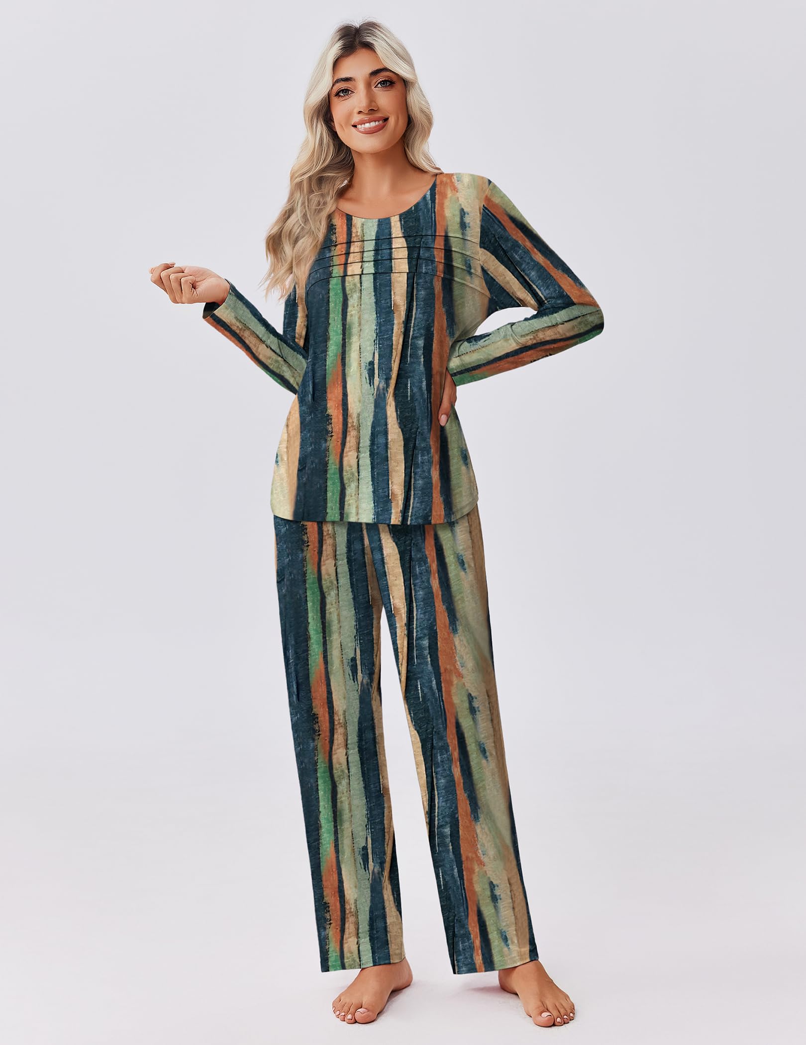 Ekouaer Womens Pajama Sets Pleated Tops with Long Pants Lounge Set Long Sleeve Fall Sleepwear Ladies Pjs S-XXL