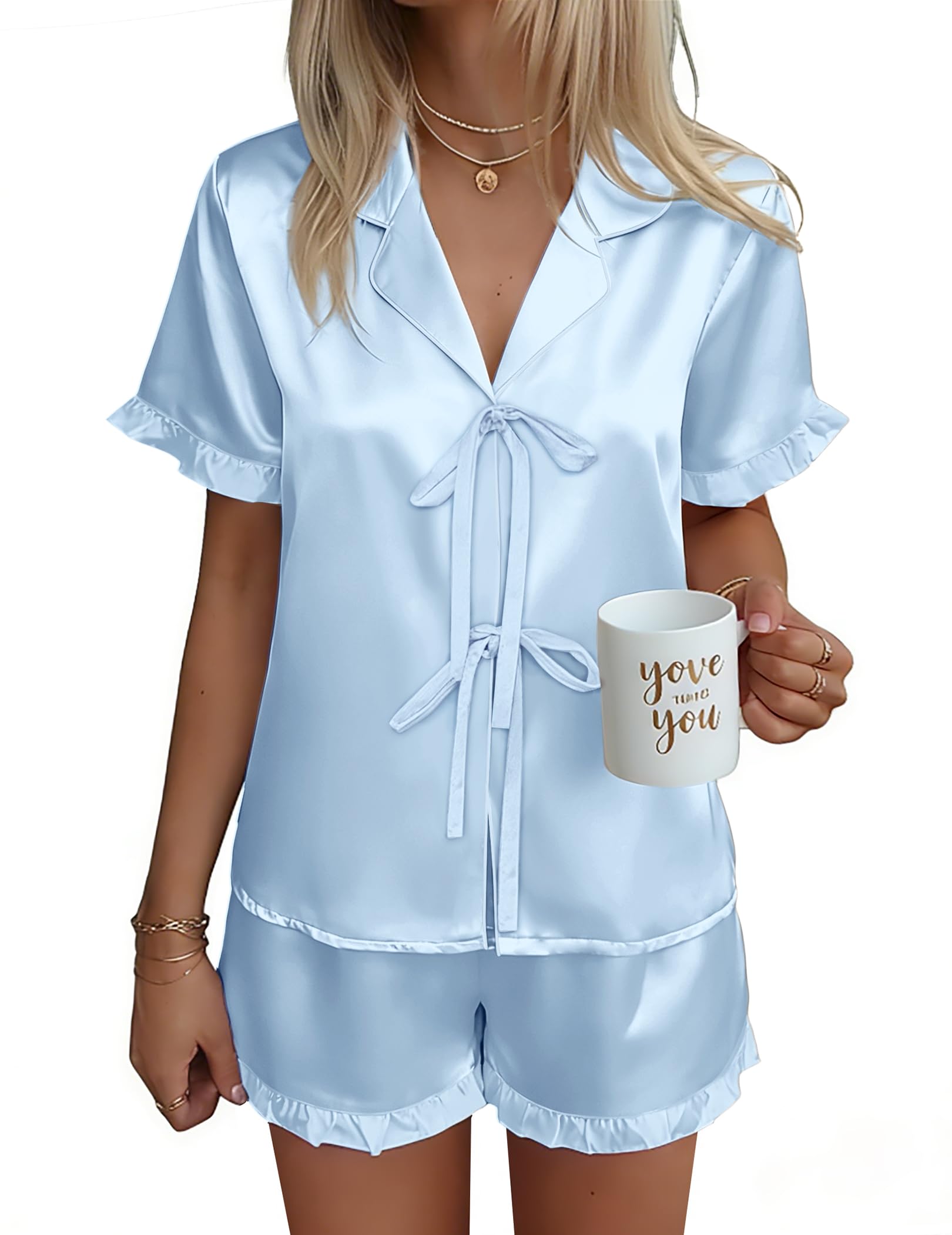 Ekouaer Satin Pajama for Women Short Sleeve Silky Pj Short Set Bow Front Tie Up Loungewear Sleepwear