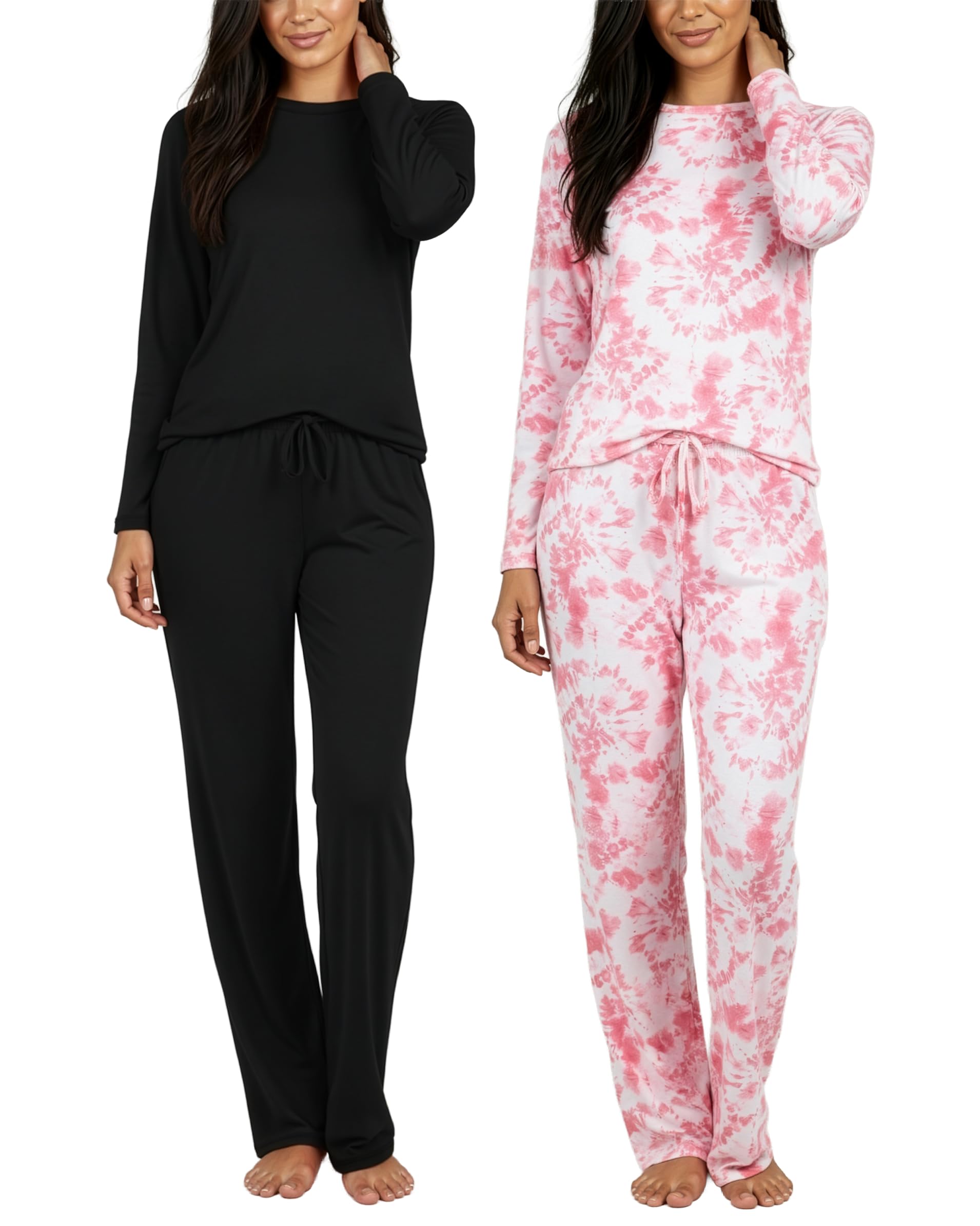 Real Essentials 2 Pack: Women's Long Sleeve Pajama Sets - Soft Comfy 2 Piece PJ Set Matching Ladies Sleepwear (Plus Size)