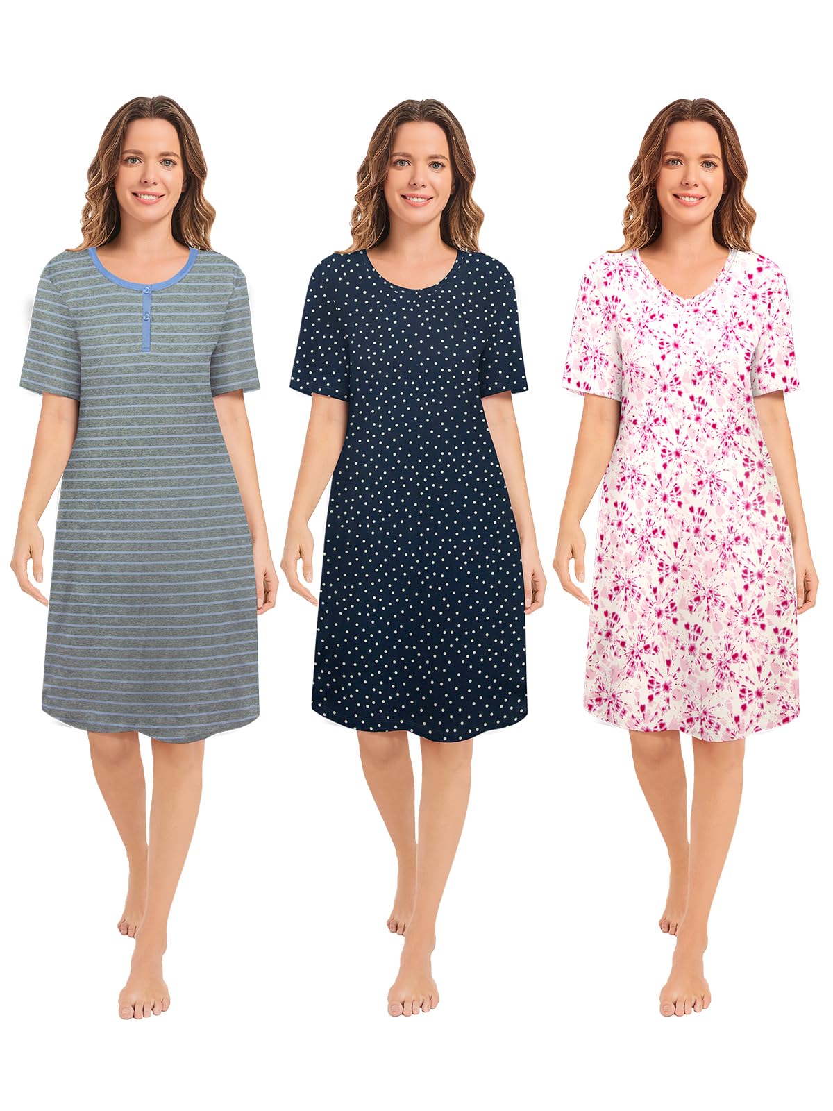 3 Pack Nightgowns for Women Short Sleeve Night Gown Soft Sleep Shirts Women's Sleepwear Print Sleep Dress WEBE CLOTHING
