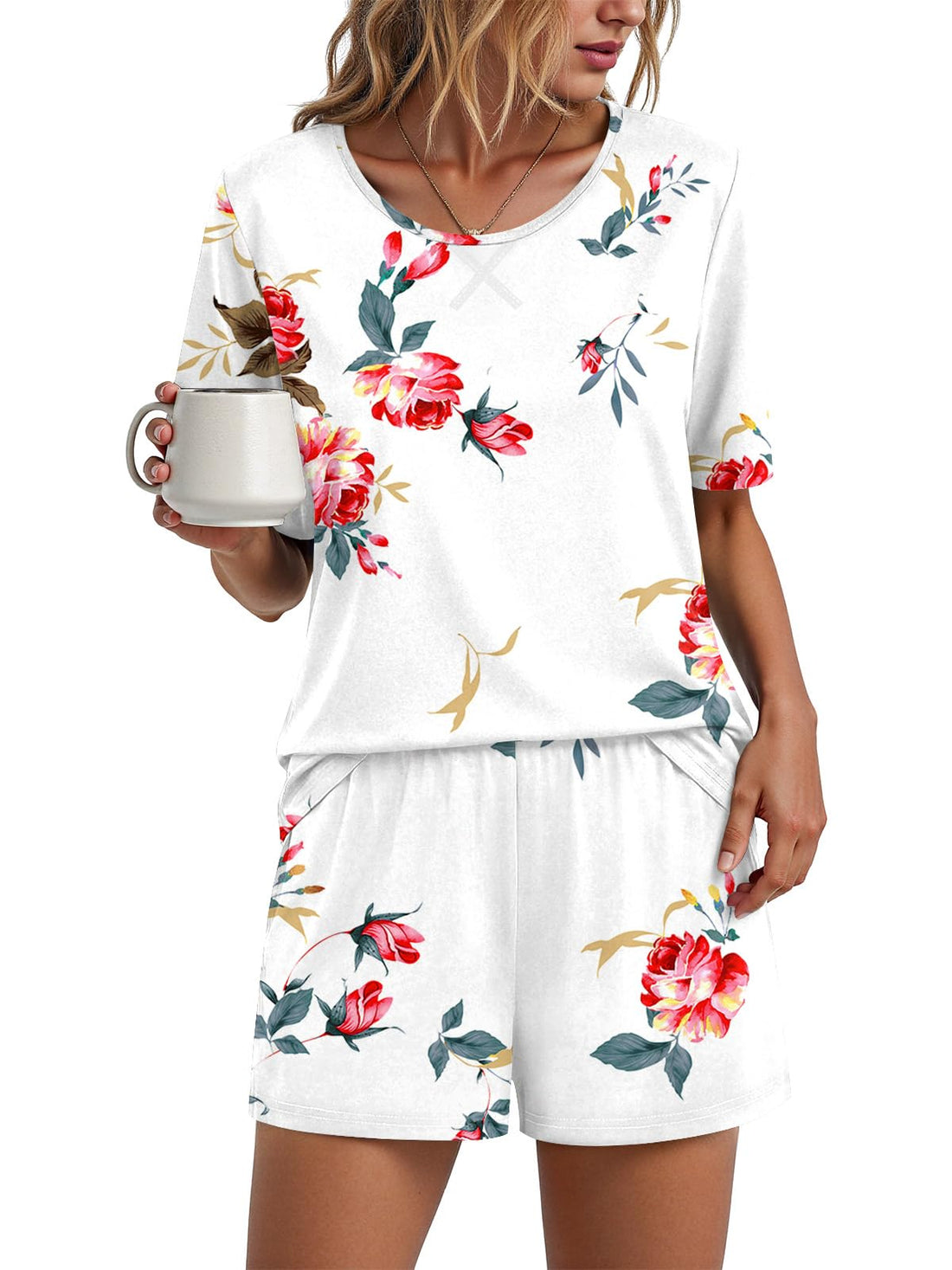 Findsweet Pajama Set for Women 2 Piece Lounge Set Soft Sleepwear Summer Casual Short Pjs Sets with Pockets M-3XL
