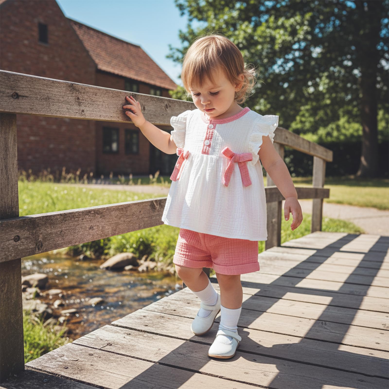 Amnnchya Toddler Girl Clothes Baby Summer Spring Outfits Cute Bow Button Smocked Ruffle Sleeve Tops ＋ Girls Shorts Set WEBE CLOTHING