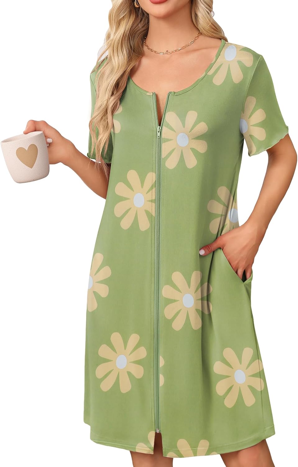 Ekouaer Womens' Zipper Robe Short Sleeve Bathrobes Summer Sleepwear Soft Housecoat with Pockets Zip Up House Robes S-3XL