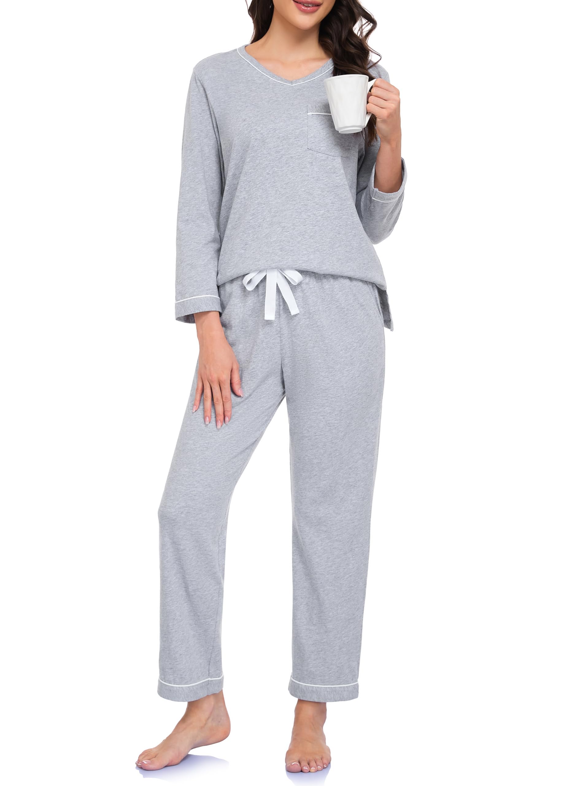 EA'S SECRET 100% cotton Pajamas for Women Summer Lightweight Long Sleeve Pjs 2 Piece Soft Lounge Sleepwear with pocket