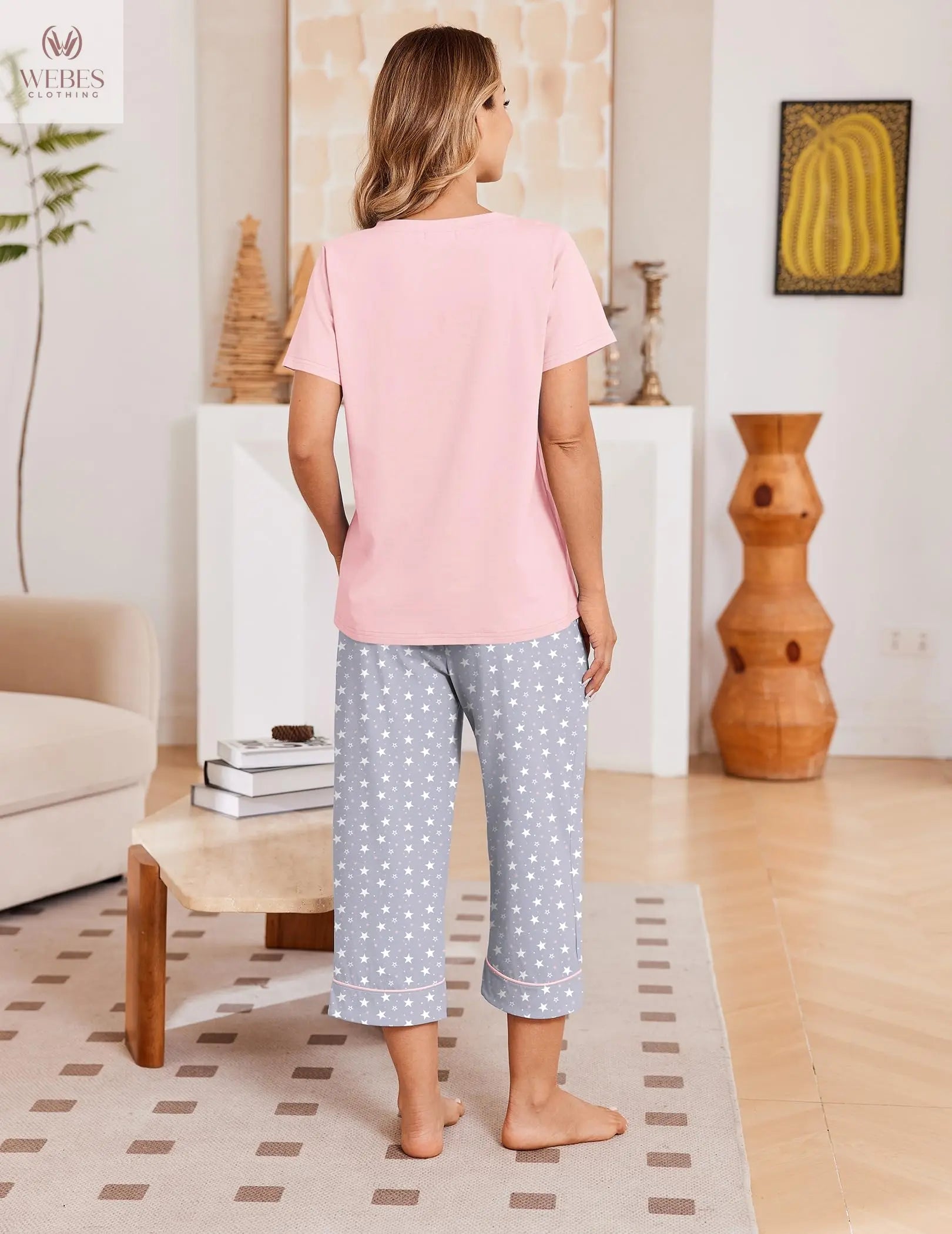 Ekouaer Cotton Pajamas for Women Set Short Sleeve Top and Capri Pants | 2 Pieces Lounge Set with Pockets V Neck Comfy Soft Sleepwear for Mom, Wife, Grandmother WEBE CLOTHING