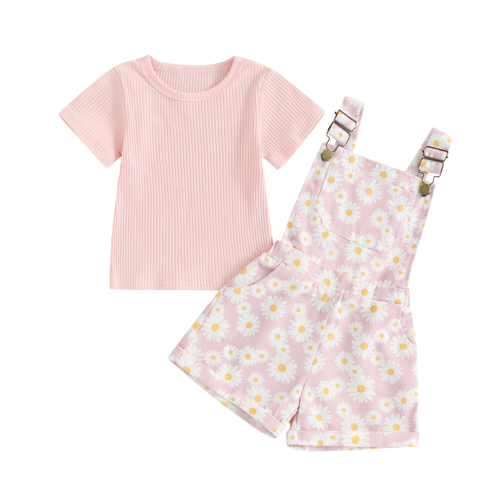 Toddler Baby Girls Summer Outfits T-Shirt Overalls Shorts Set | Short Sleeve Ribbed Shirt, Flower/Apple/Strawberry/Camo/Star/Bee Suspender Overalls, Kid 2Pcs Clothing, Spring Clothes 12M-5Y WEBE CLOTHING